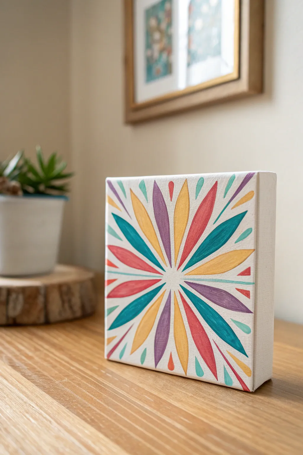 Bright spin art on a mini canvas, a kid-friendly project that still feels chic and minimal