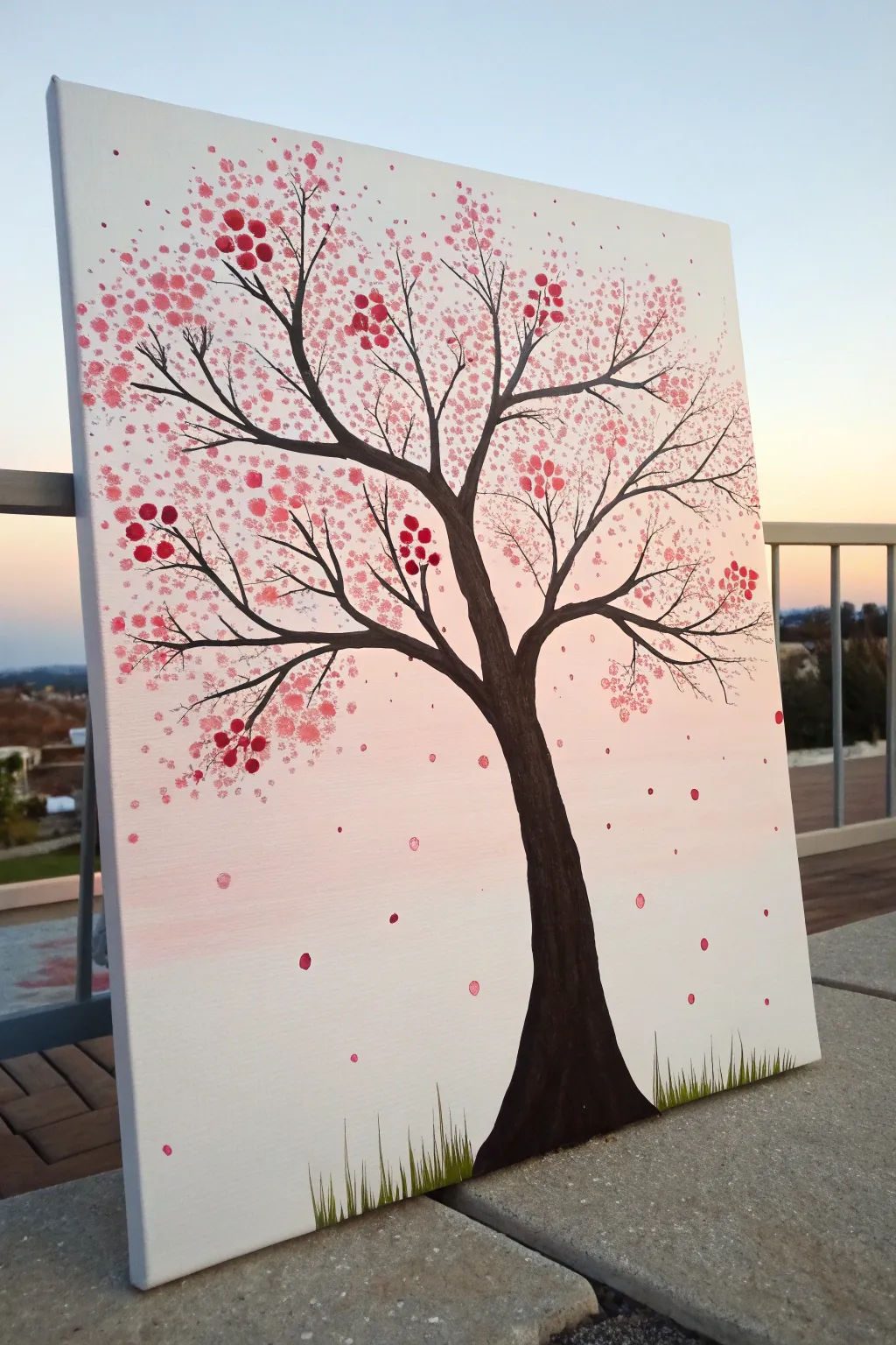 Minimal cherry blossom tree canvas with dabbed pink blossoms and airy sky, perfect for kids