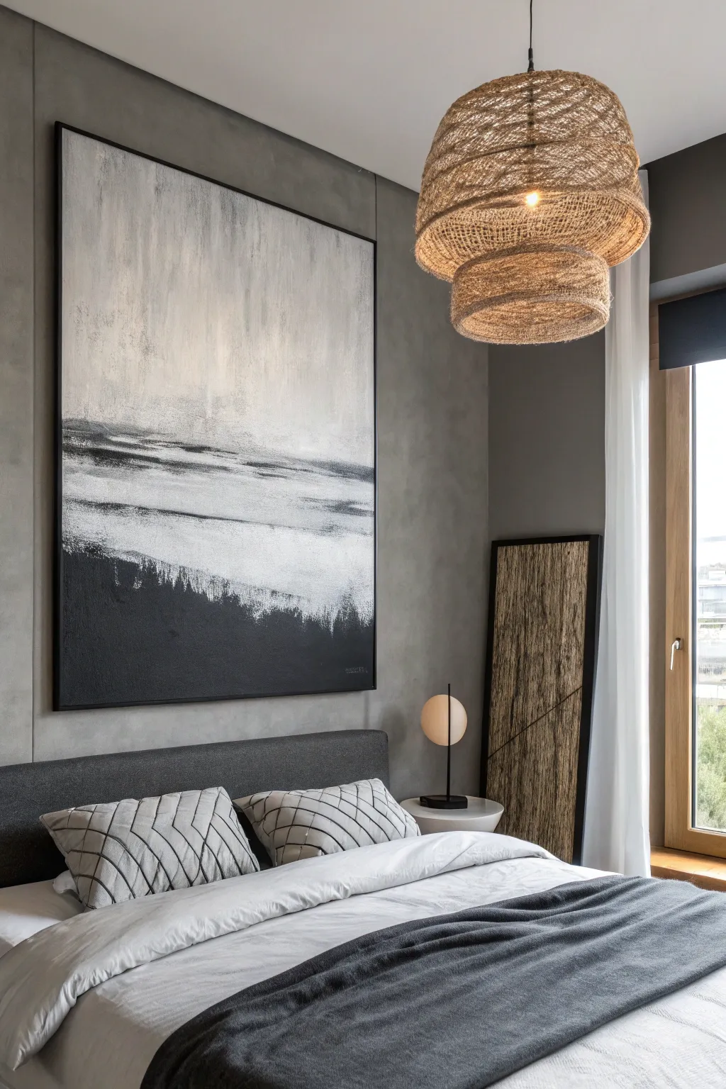 Moody monochrome charcoal abstract canvas brings Scandinavian calm and boho warmth to the bedroom