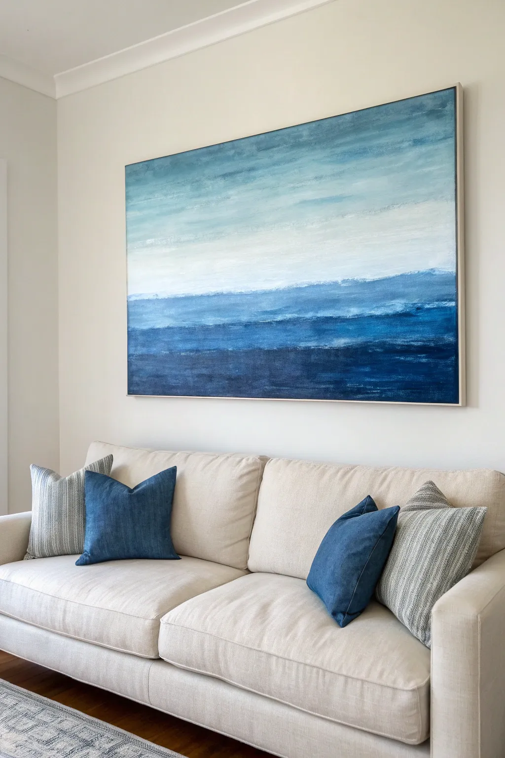 Monochrome blues create cool, collected contrast above a light sofa with simple matching accents.