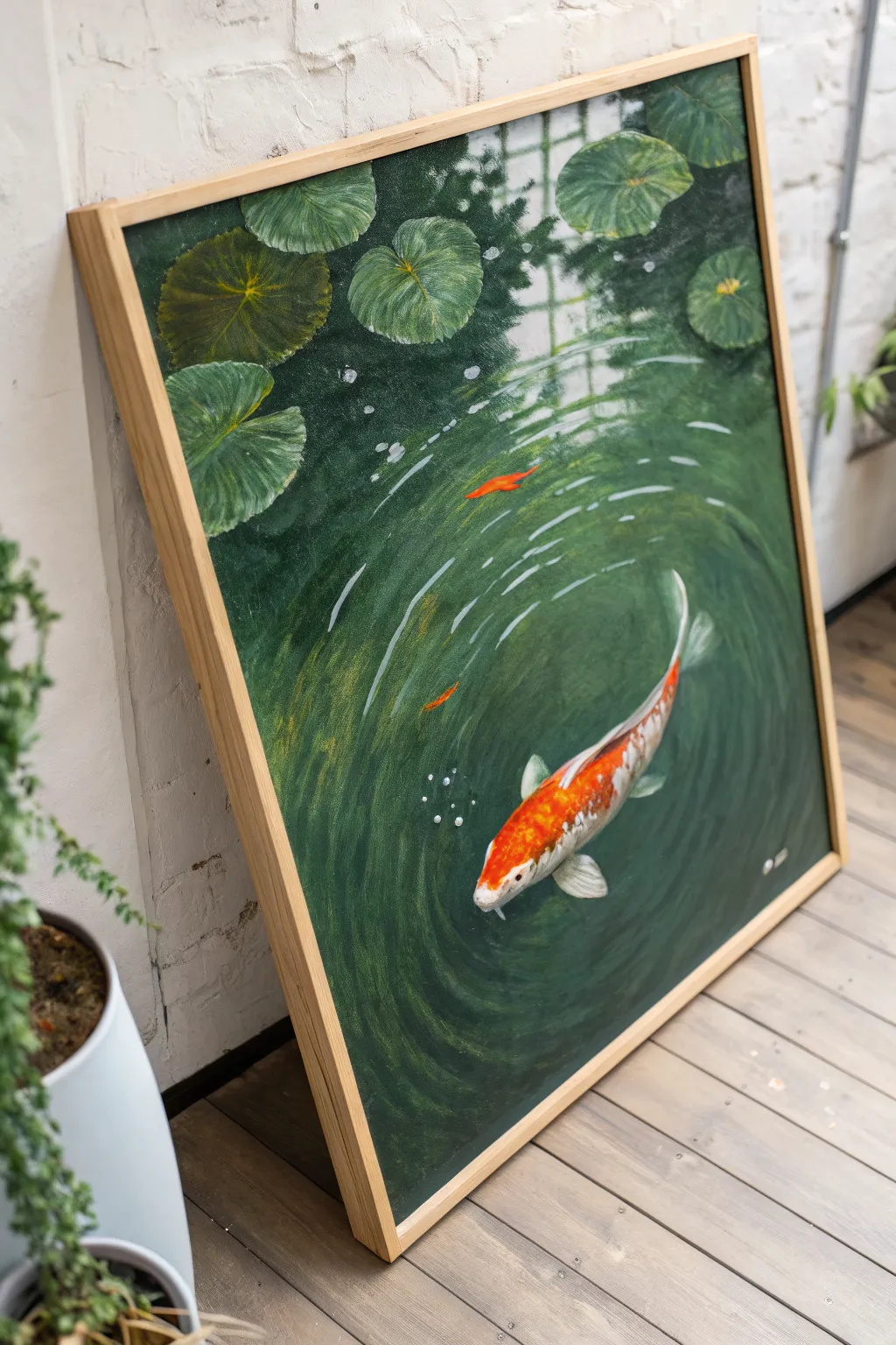 Minimal green pond canvas with a bright koi fish, soft ripples, and calm Scandinavian vibes