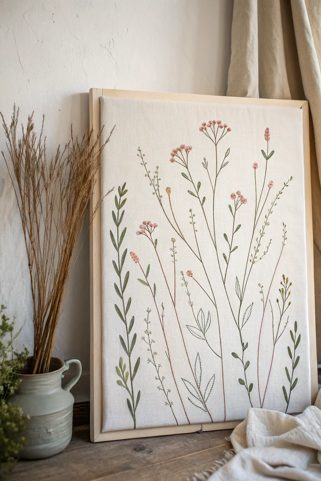 Minimal painted canvas elevated with delicate embroidery stitches, showing thread texture and tiny needle holes.