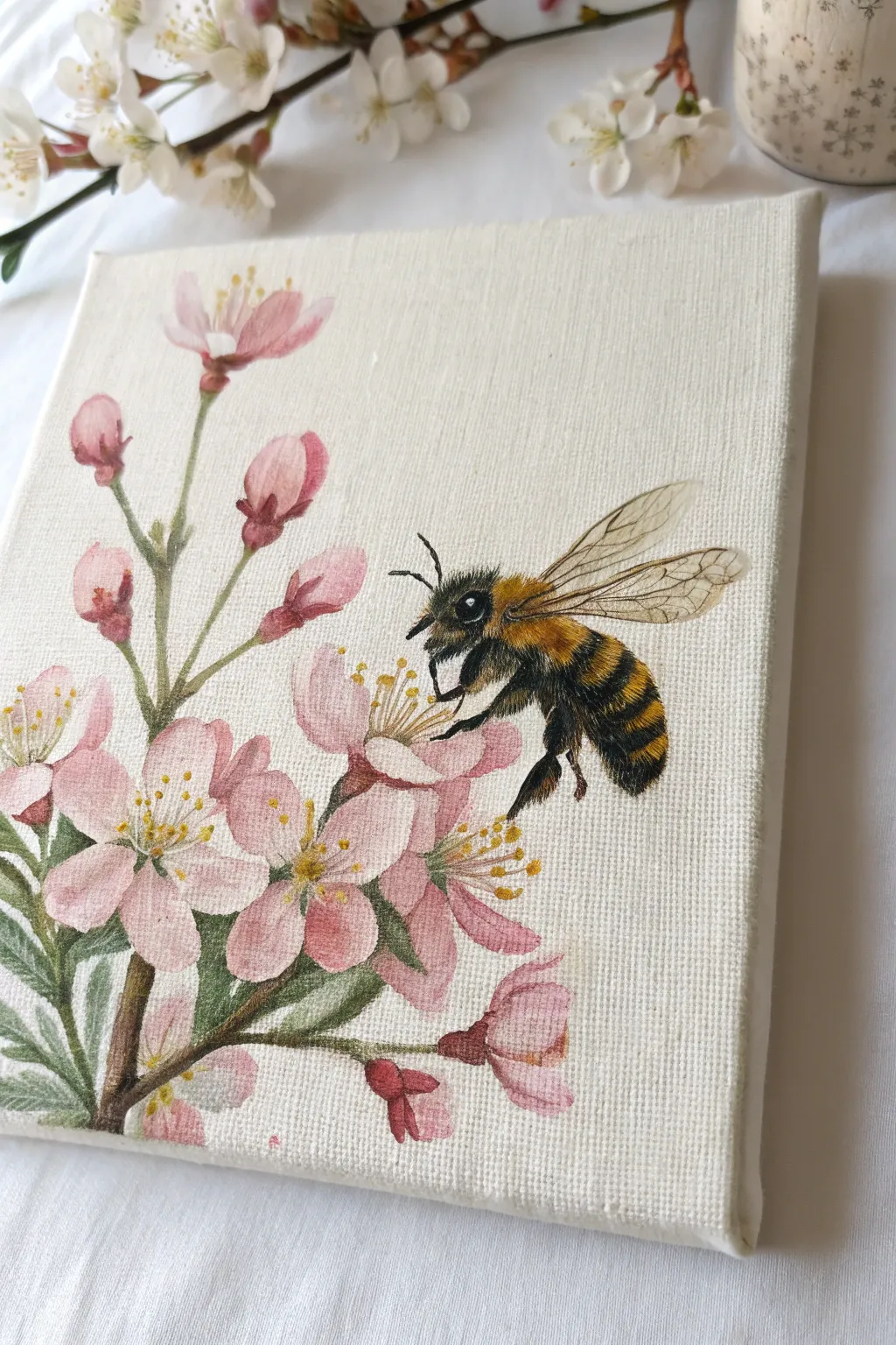 Tiny bee and blossom highlights for a fresh spring canvas, minimal Nordic-boho sparkle.
