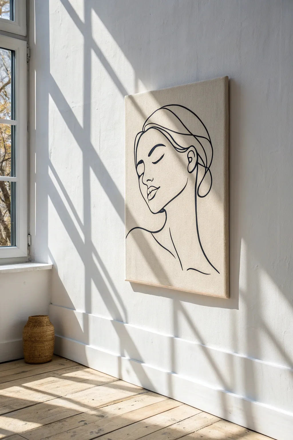 Minimal line art canvas in soft daylight, clean Scandinavian space with warm boho texture.