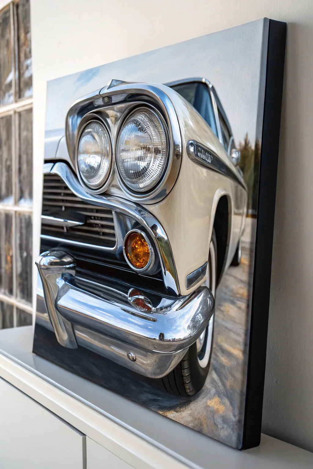Impasto chrome detail with raised highlights, a minimalist boho car canvas painting idea