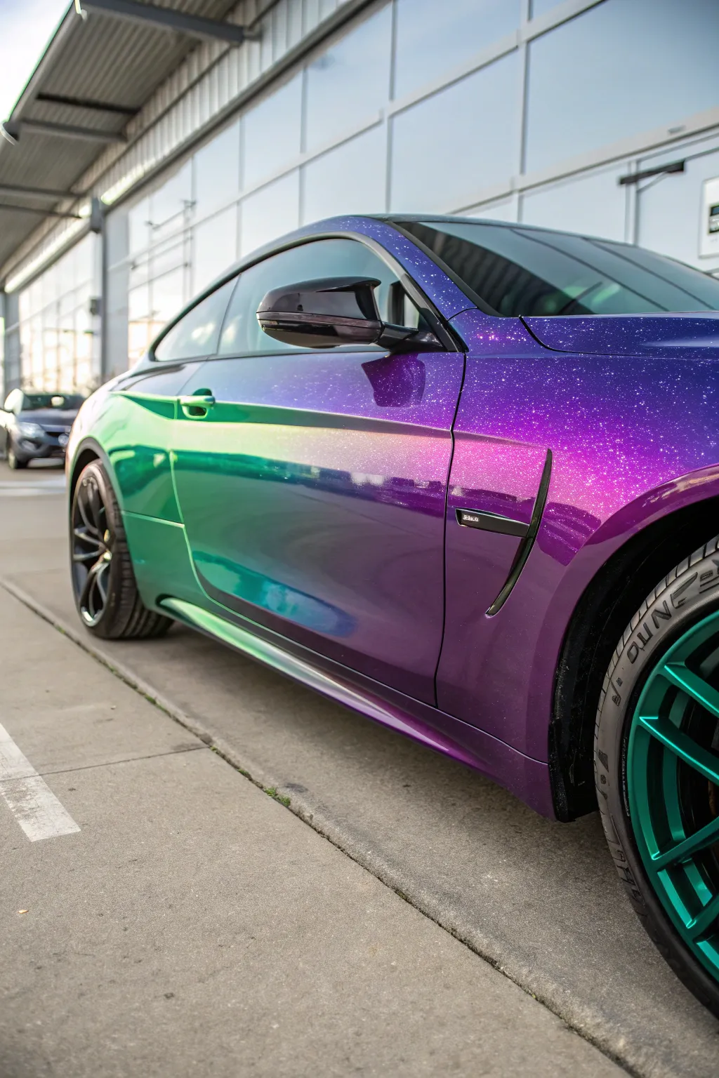 Color-shift car paint flips from emerald green to violet as the viewing angle changes.