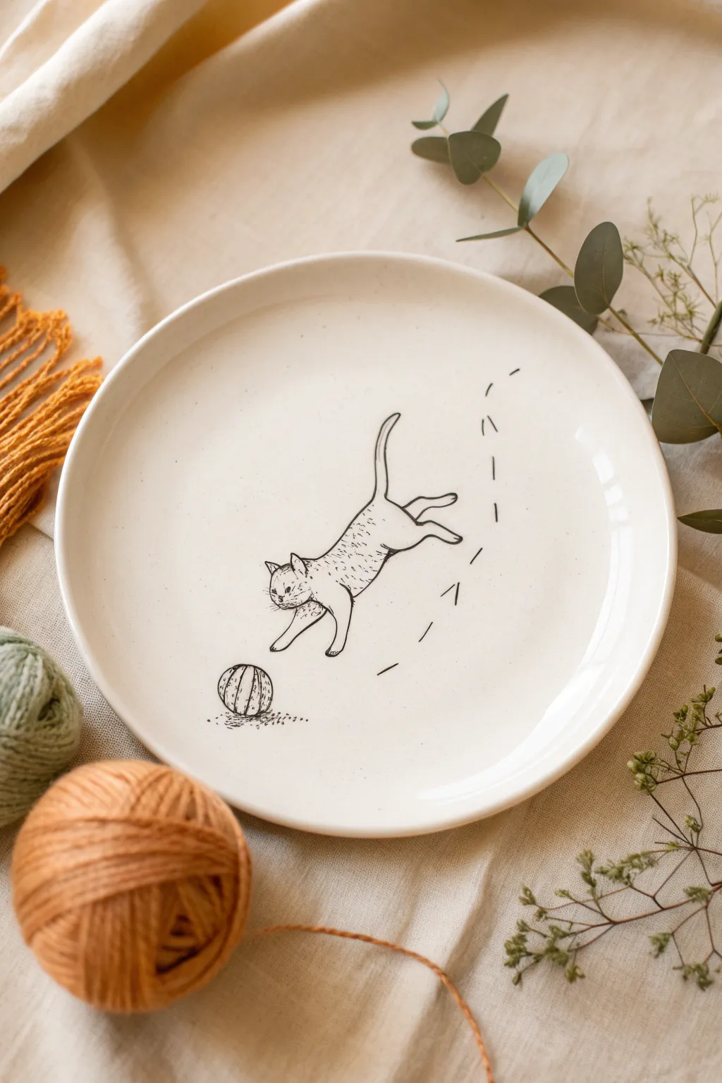 Simple kitten and yarn ball doodle on a plate, minimal lines with cozy Scandinavian boho vibes