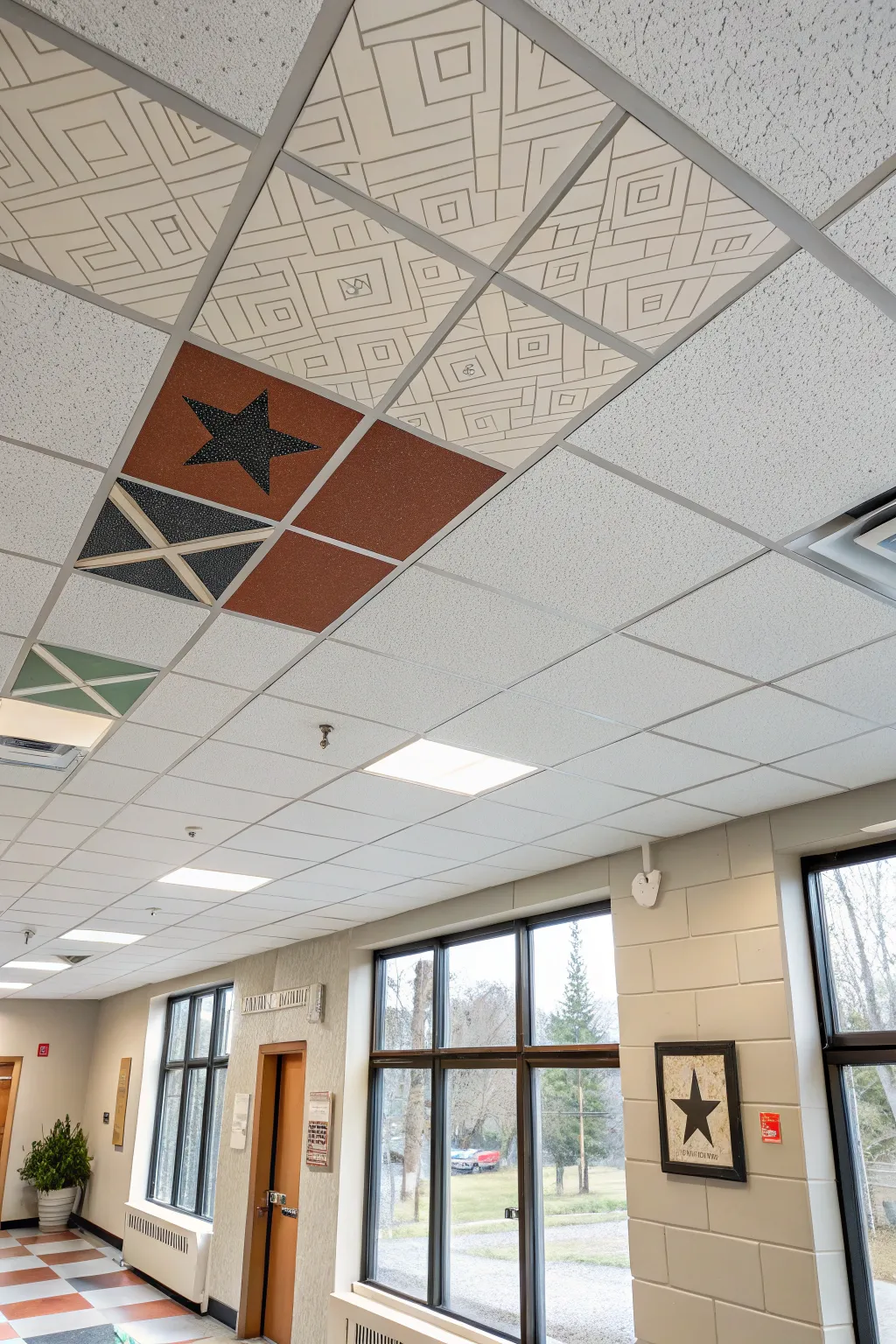 Minimalist classroom legacy ceiling tile with bold color blocks and a simple personal icon