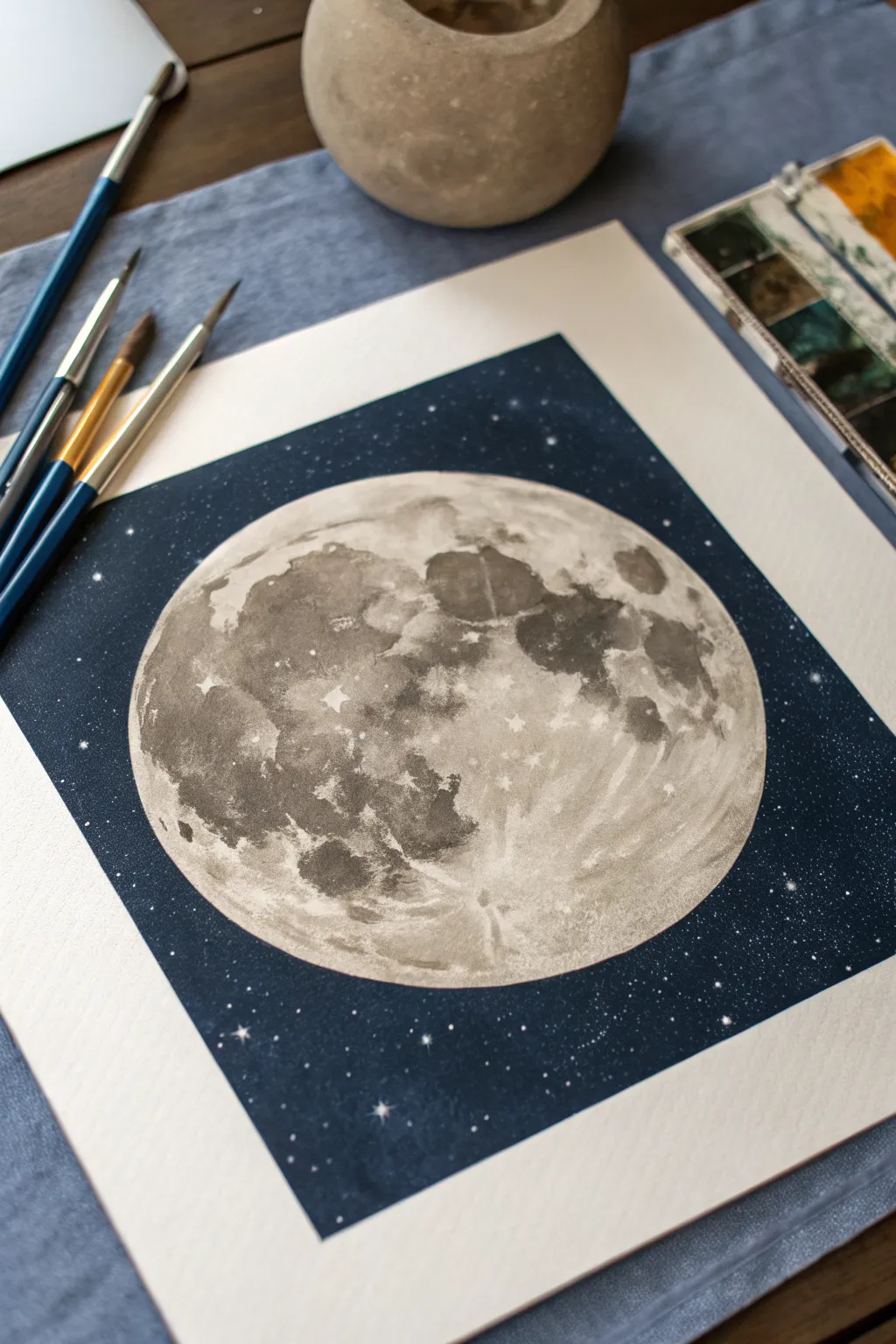 DIY cratered full moon painting with raised texture against a deep navy, star-dusted sky