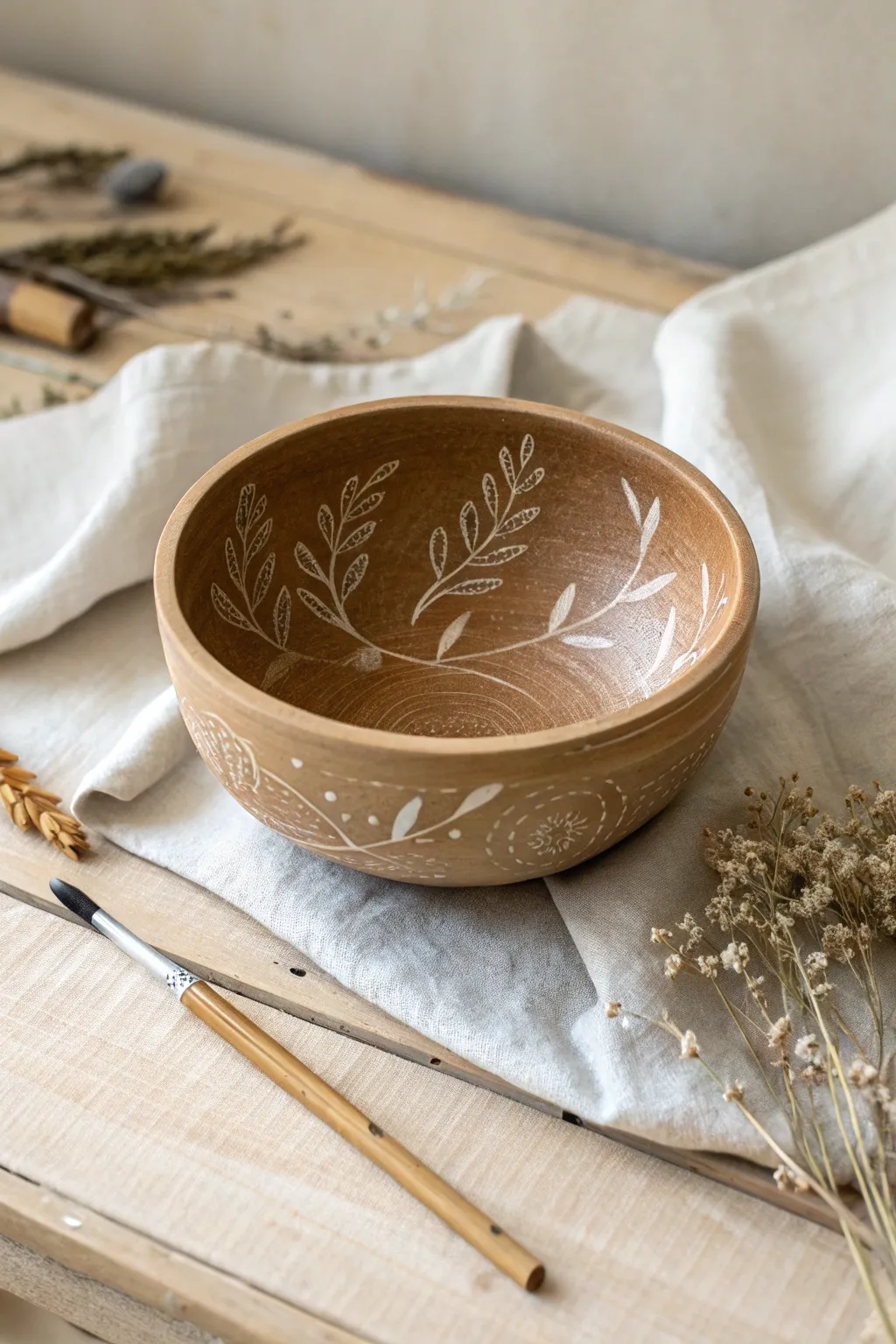 Sgraffito bowl details: scratch delicate patterns through paint for an earthy, minimalist look