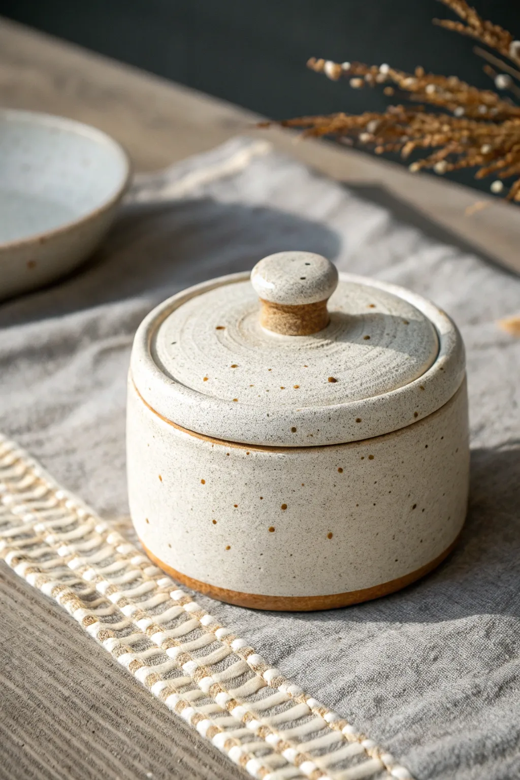 A ceramic box lid turned into a tiny landscape diorama, calm minimal tones and crisp texture.