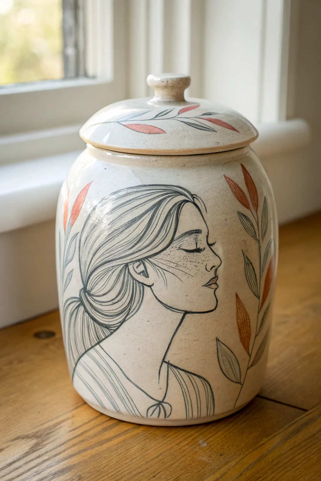 Sketchbook underglaze portrait cookie jar, minimalist Scandinavian calm with a hint of boho.