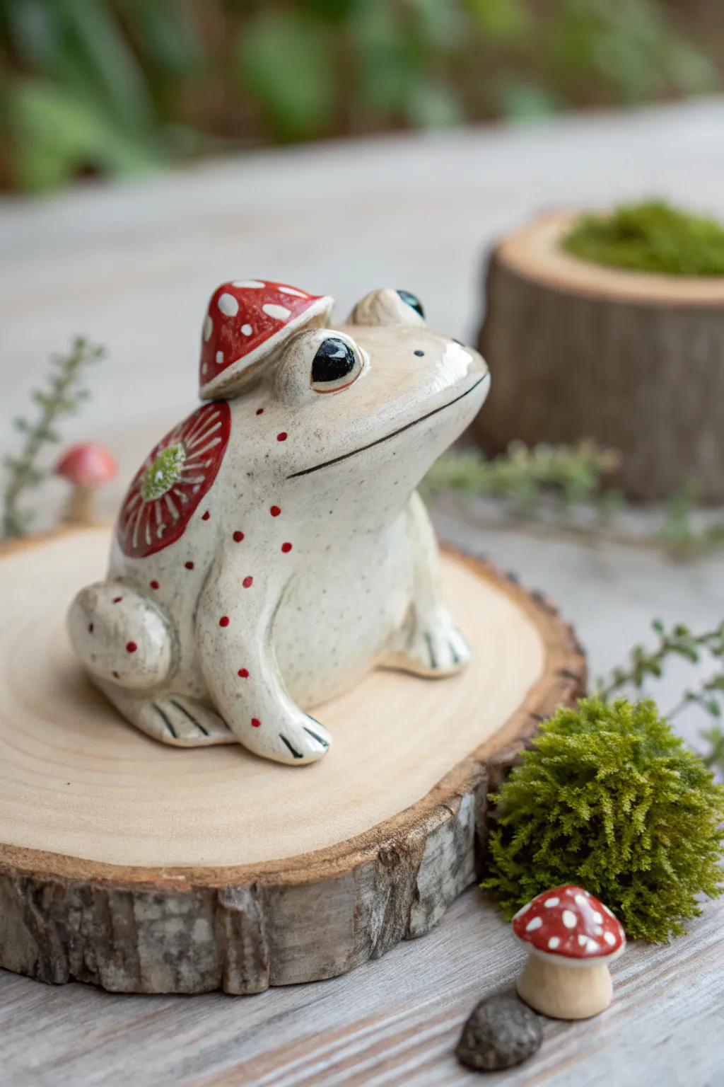 Whimsical mushroom-cottage ceramic frog with tiny hand-painted dots, styled with moss.