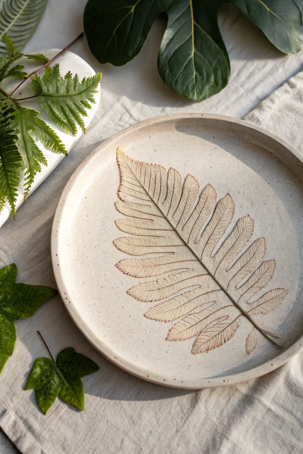 Botanical leaf impressions in clay, finished with a soft wash to highlight every vein