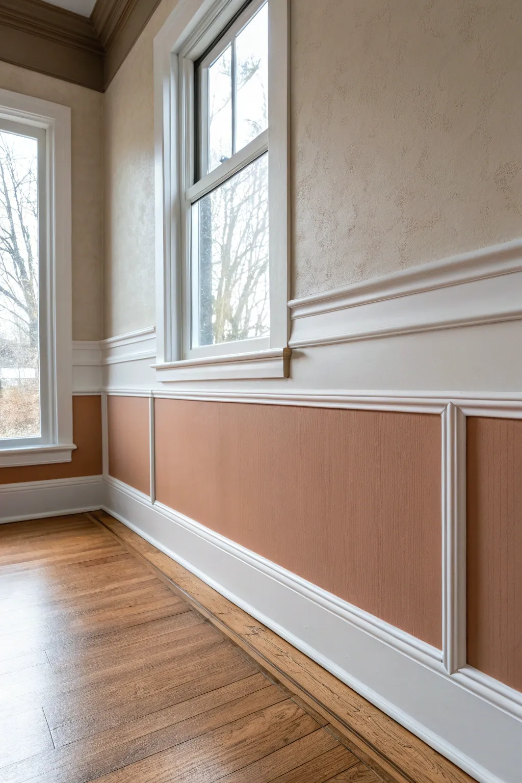 A seamless chair rail match to the lower color, creating a calm two-tone wall with a crisp edge.