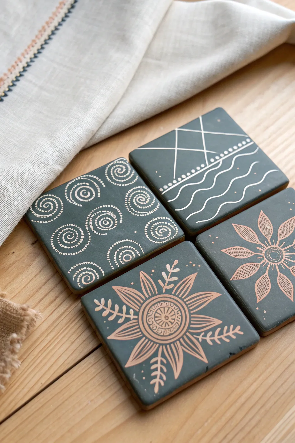 Mini chalk marker patterns on dark tiles for a Scandinavian-boho coaster series with bold contrast