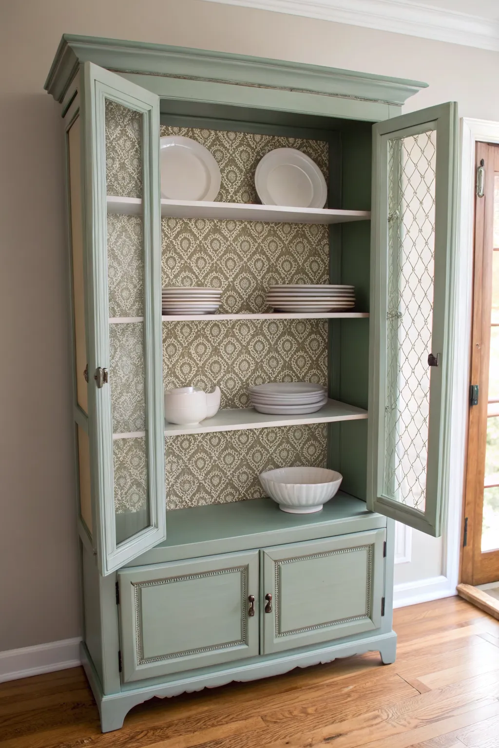 Stenciled chalk paint accent inside a china cabinet, styled simply with clean white dishes