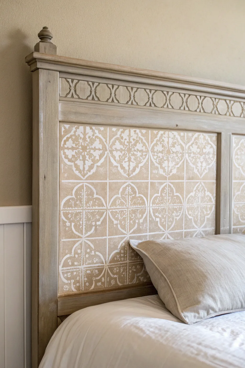 Soft matte chalk paint meets a delicate stencil repeat for an elegant, handmade headboard focal point.