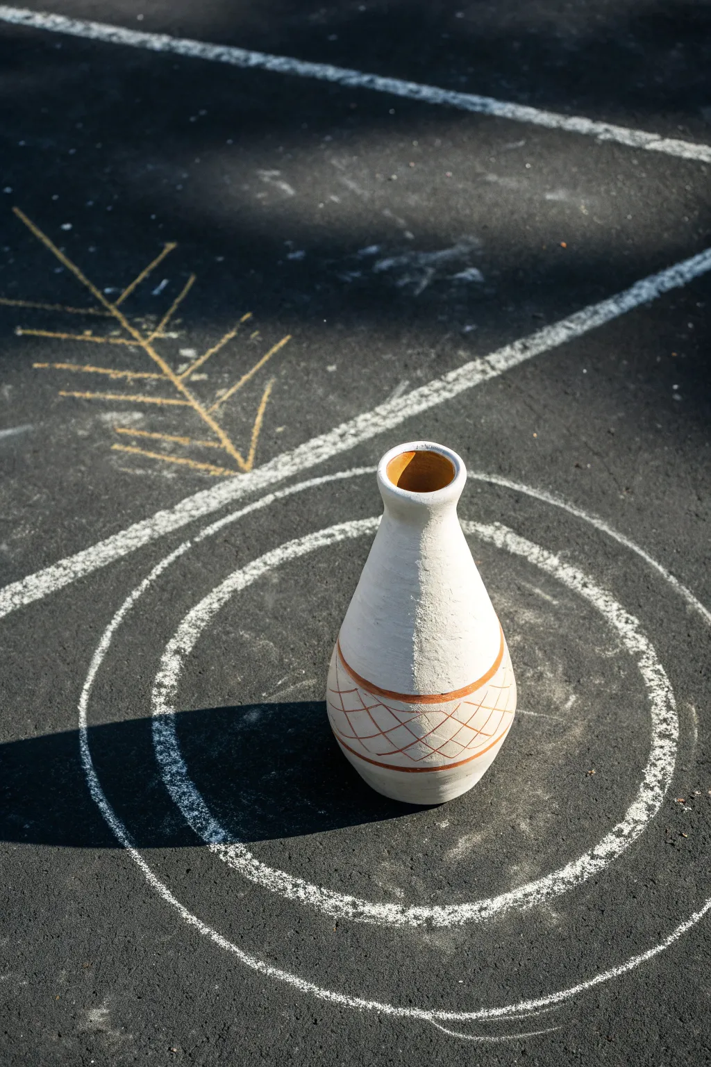 Minimal chalk spotlight illusion: a vase in a beam of light with a perfectly matched shadow.