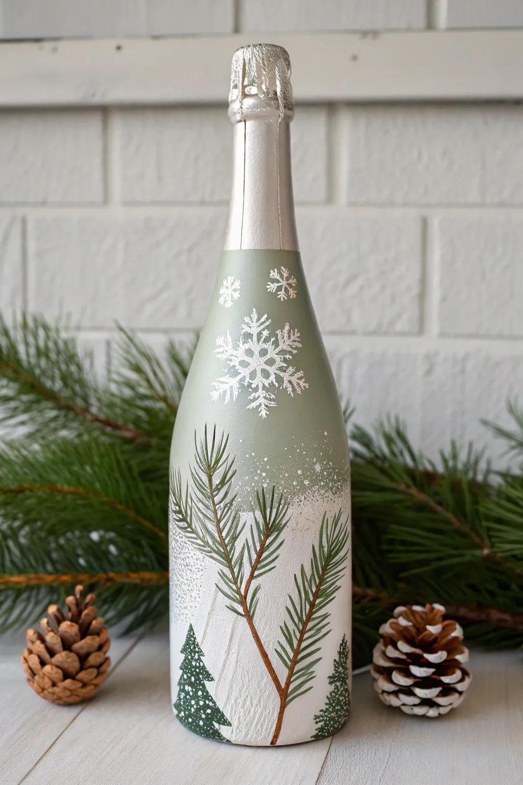 Evergreen sprigs and crisp snowflakes on a champagne bottle for cozy, minimalist holiday charm