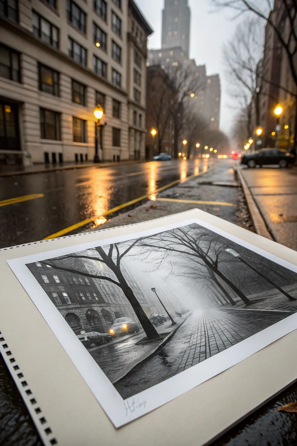 Charcoal rainy street reflections with soft misty lights, minimalist mood and rich contrast.