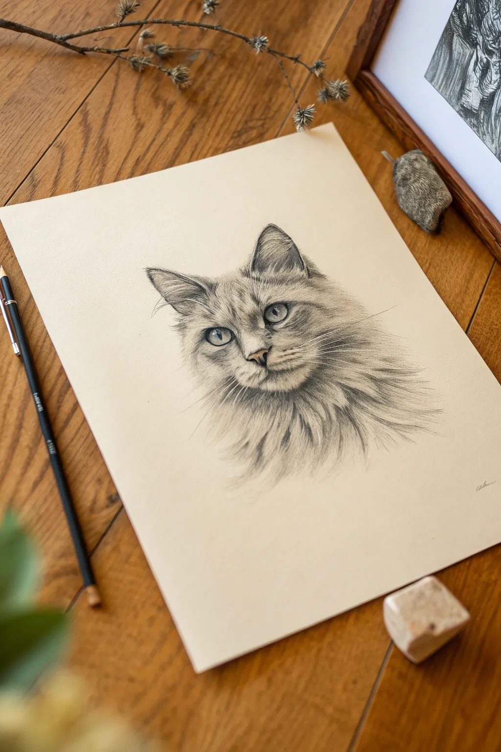 Charcoal animal portrait close-up with soft blending and scratchy fur textures for depth