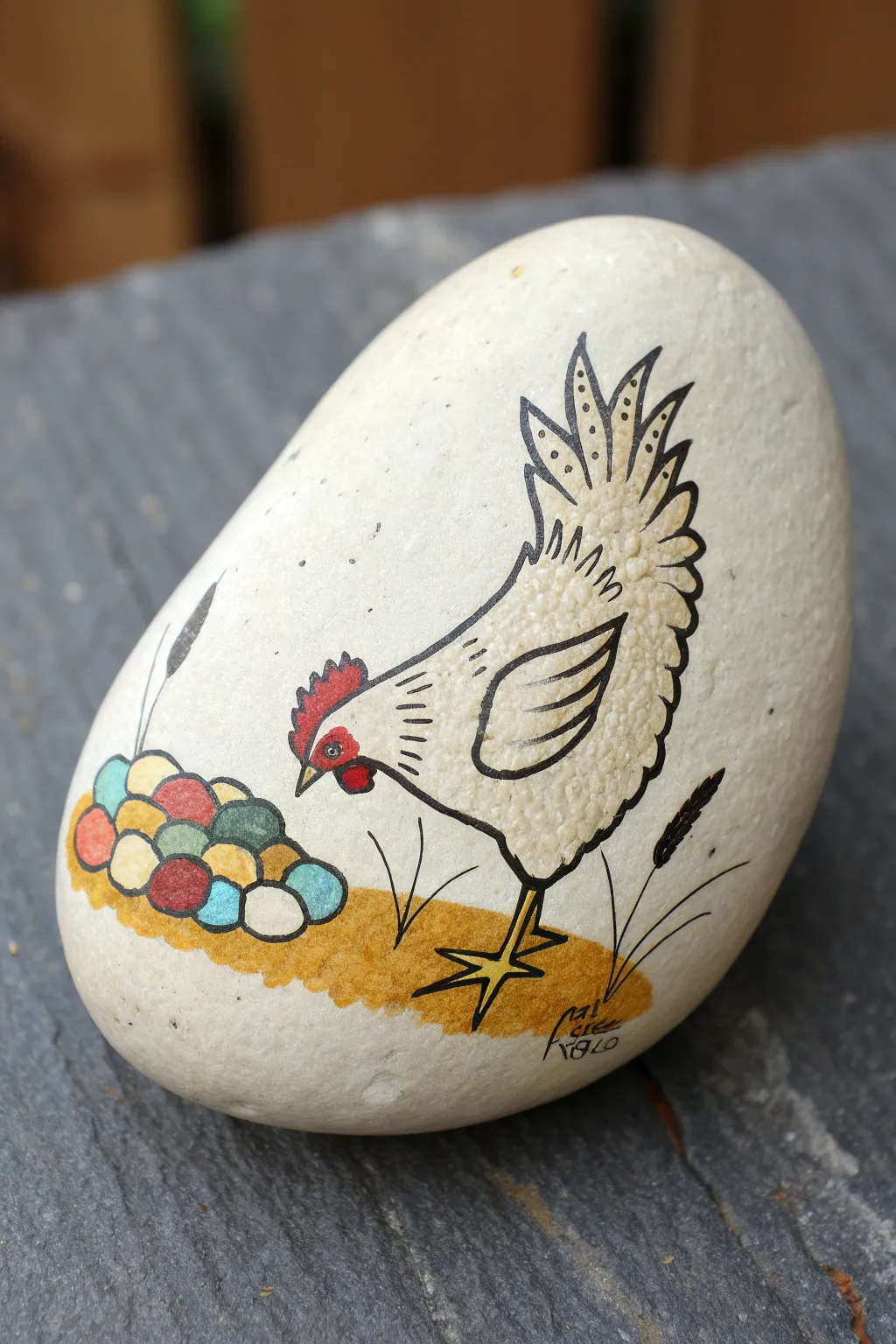 Sweet hen rock painting: minimal profile chicken pecking bright corn on a clean neutral stone