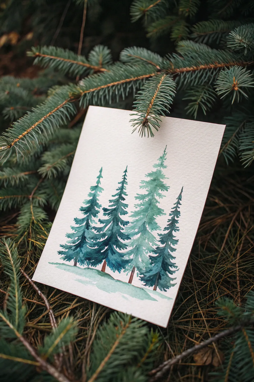 Soft watercolor bleed Christmas tree forest in wintery greens and blues, calm and kid-friendly