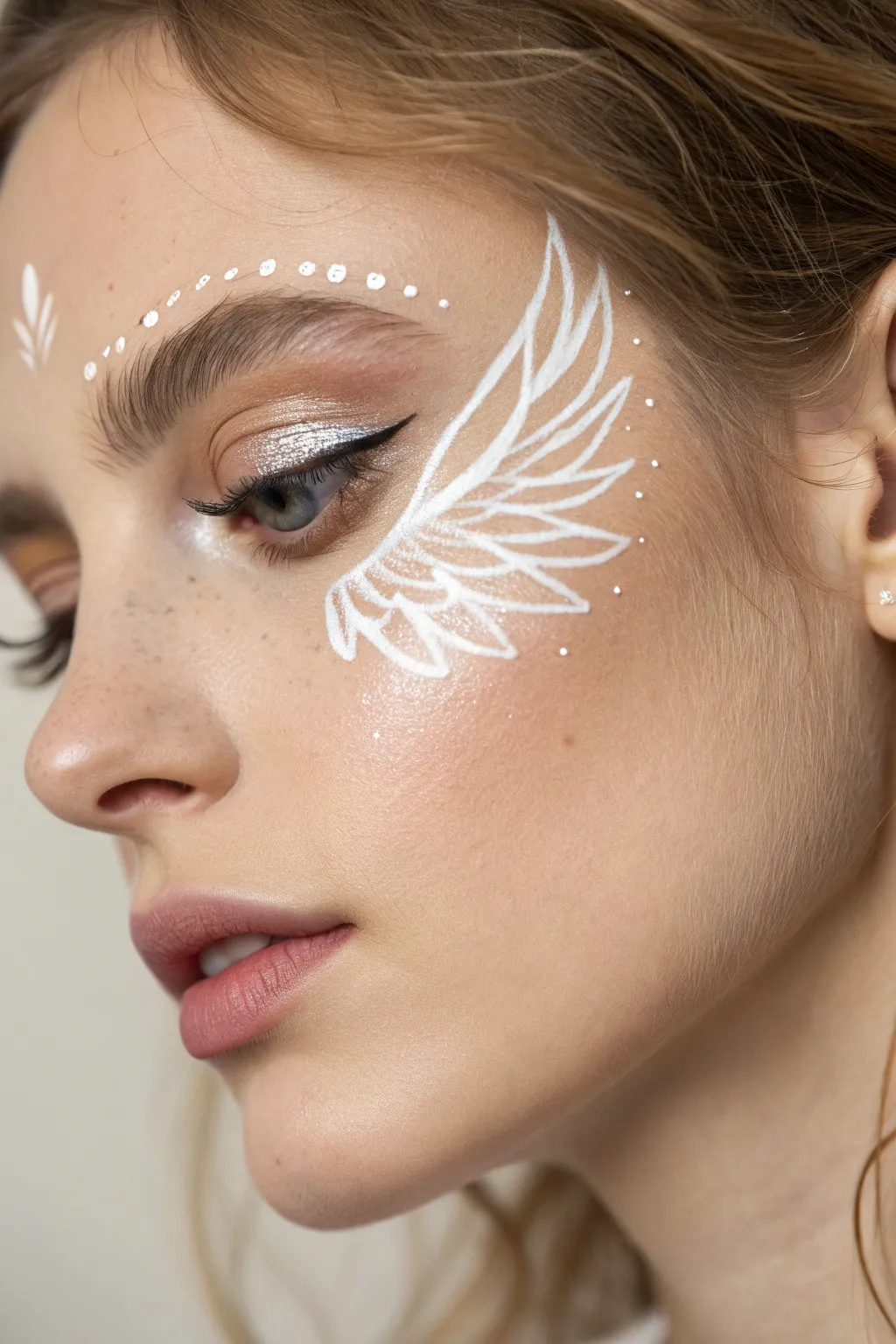 Soft angel wing corner highlight with feather strokes and a hint of shimmer, calm boho minimal