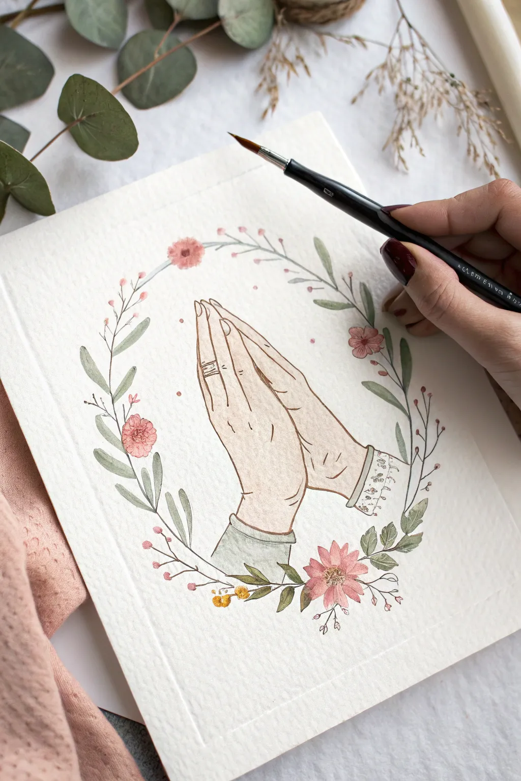 Minimal prayer hands framed by a soft floral halo in neutral tones with a blush accent