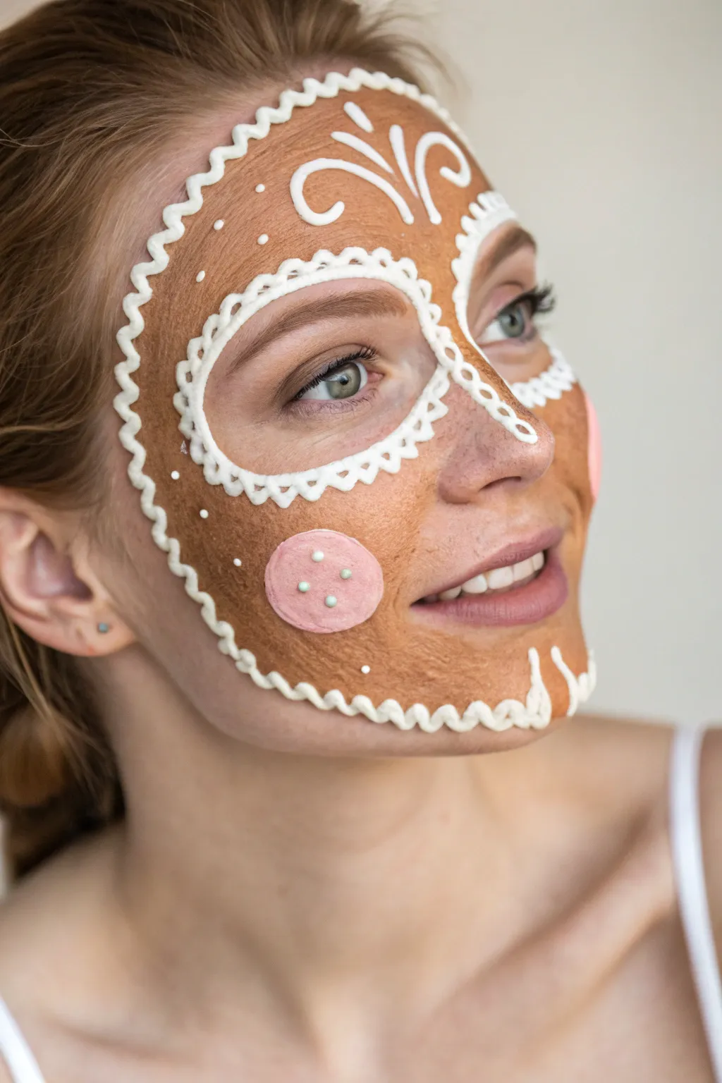 Gingerbread cheek face paint with crisp icing swirls, stitched edges, and candy-dot buttons