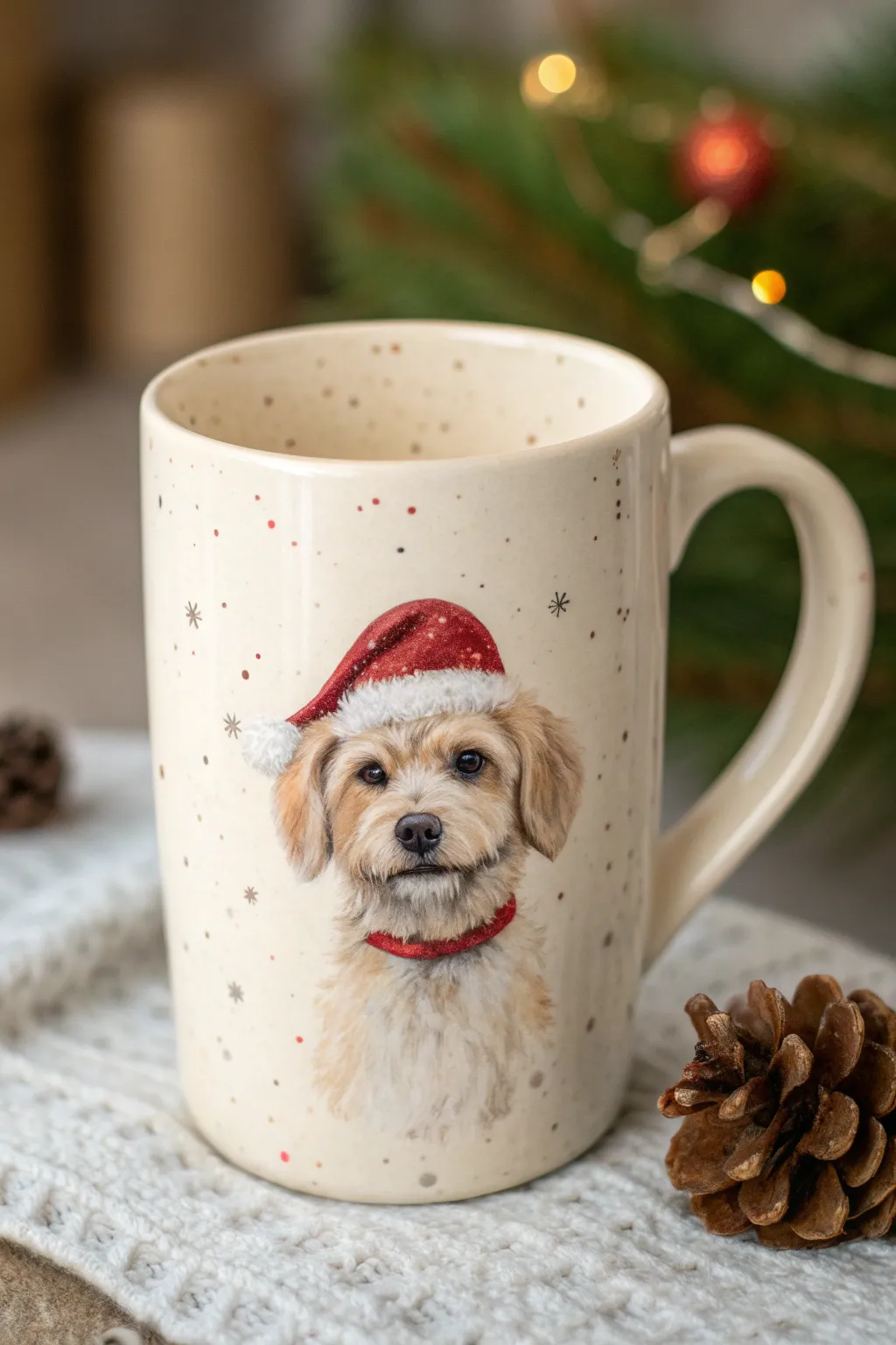 Cozy Christmas mug with a custom pet portrait and tiny Santa hat, minimalist Nordic vibe.