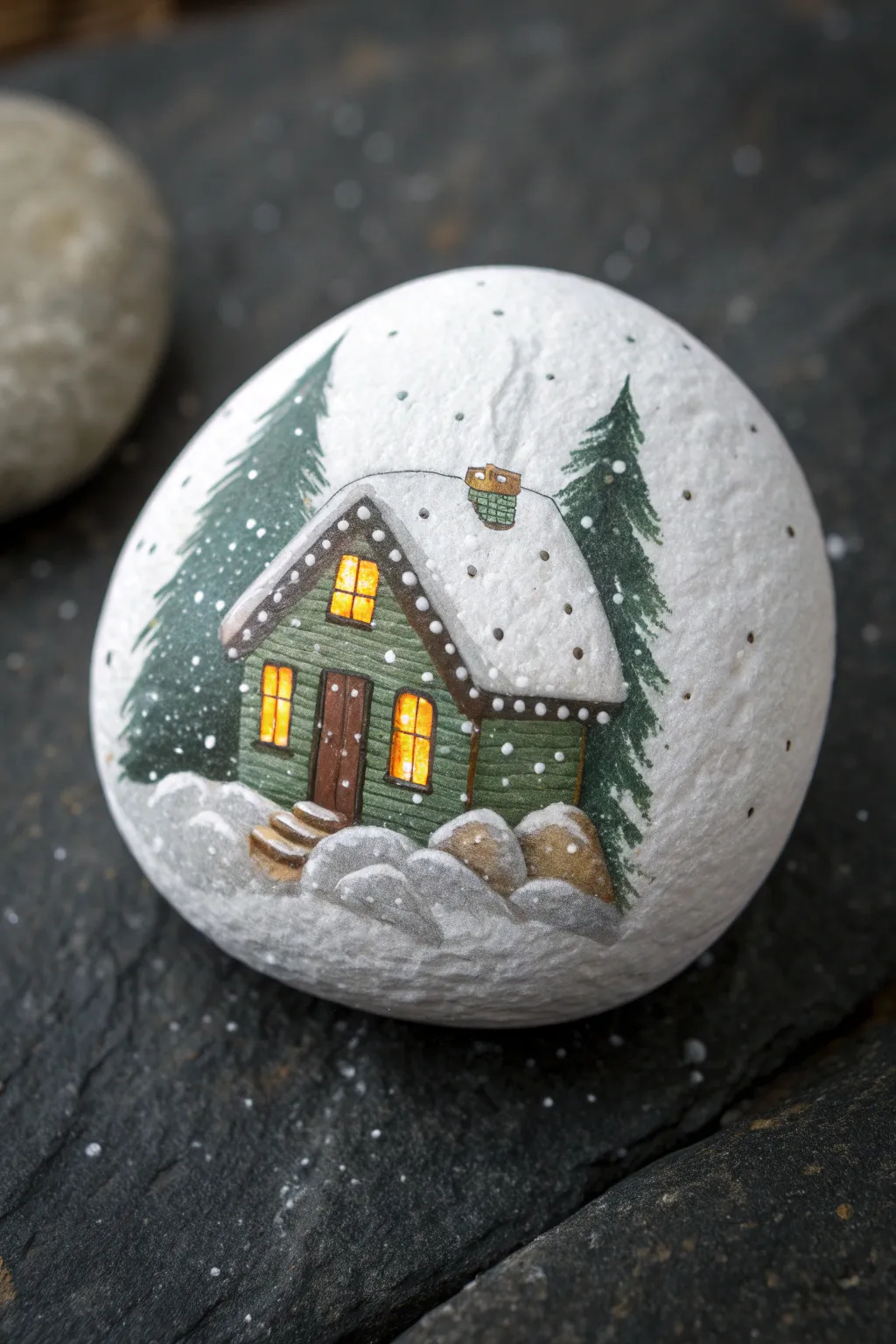 Cozy winter cabin rock painting with snowy roof and twinkling lights, minimalist and warm.