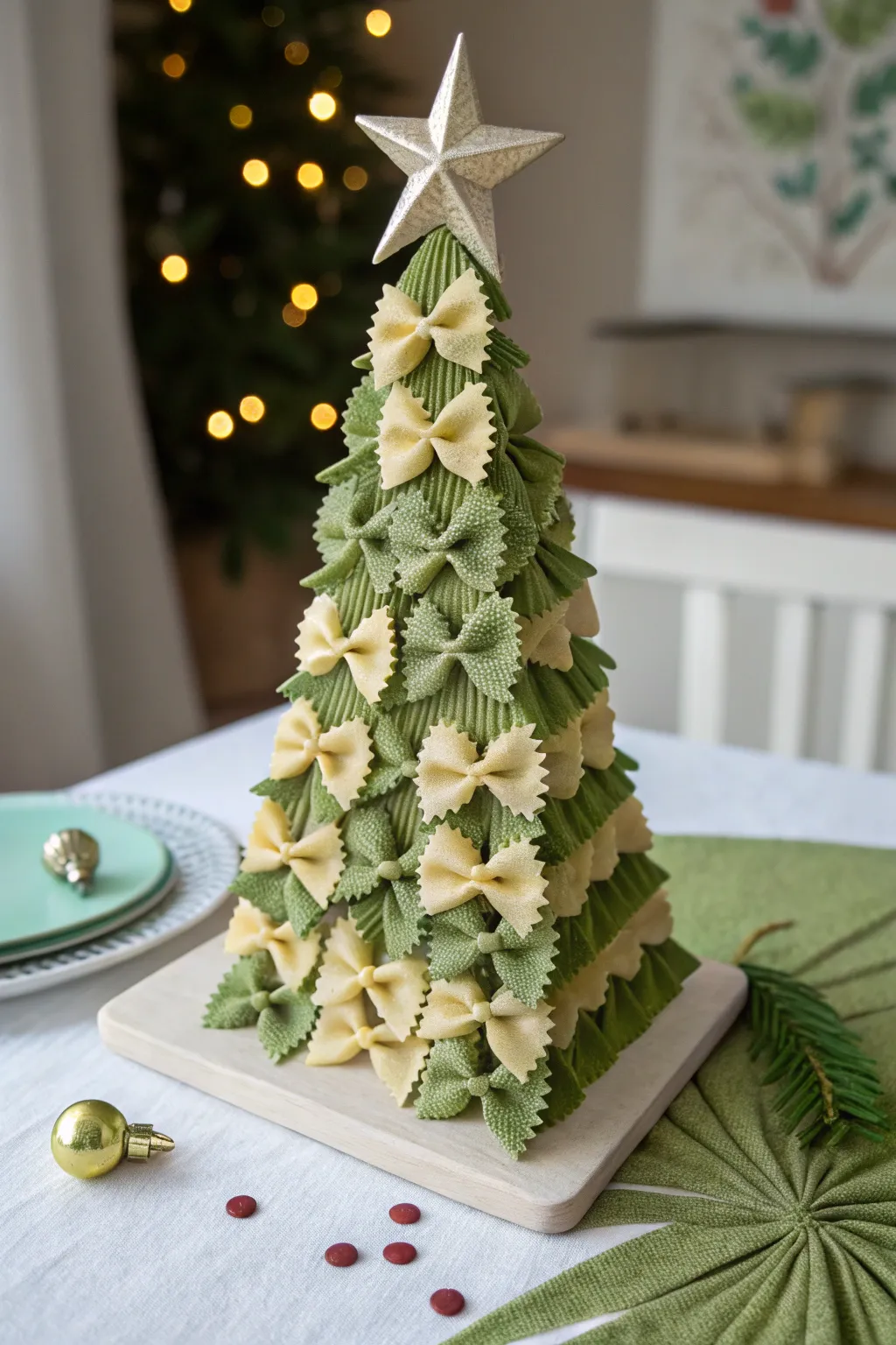 Minimalist bow-tie pasta branch tree relief in soft greens with a tiny golden star topper