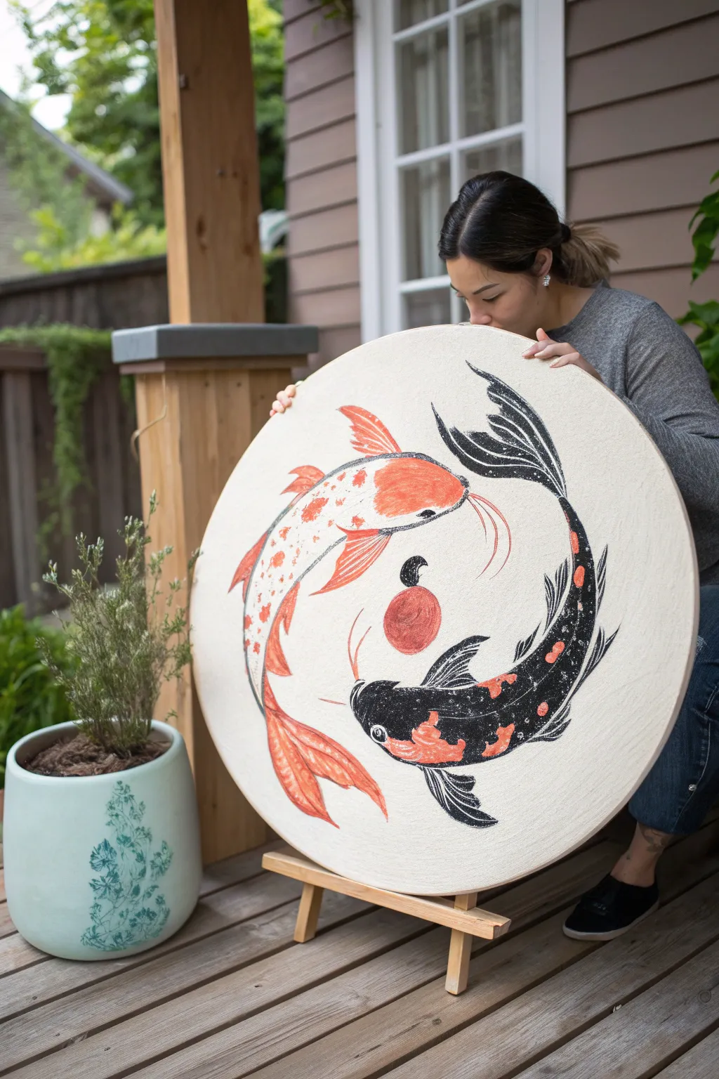 Yin-yang koi flow on a round canvas, gentle ripples and boho neutrals for serene balance