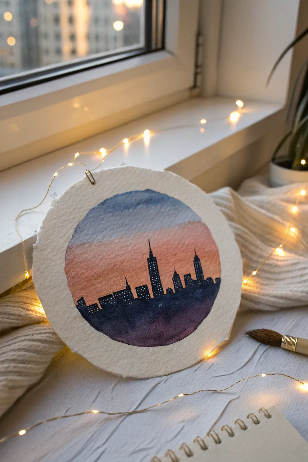 Circle painting idea: minimalist city skyline at dusk hugging the circle rim with tiny window lights