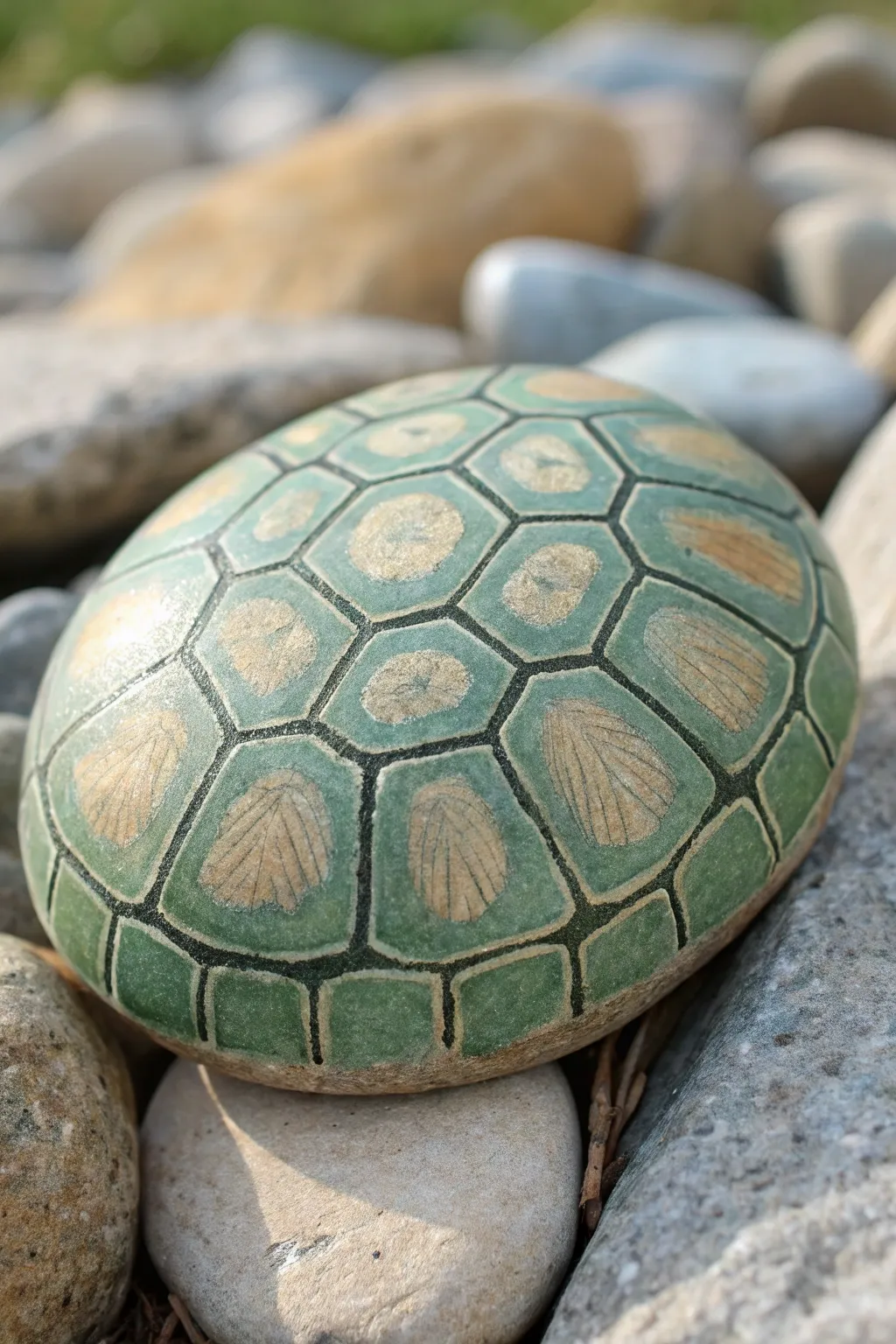Sea turtle shell pattern circle rock with clean lines, earthy tones, and a soft shadowed dome.