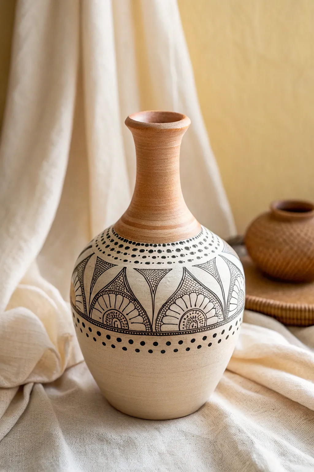 Minimal clay vase with a crisp mandala dot band, highlighting texture and clean boho contrast