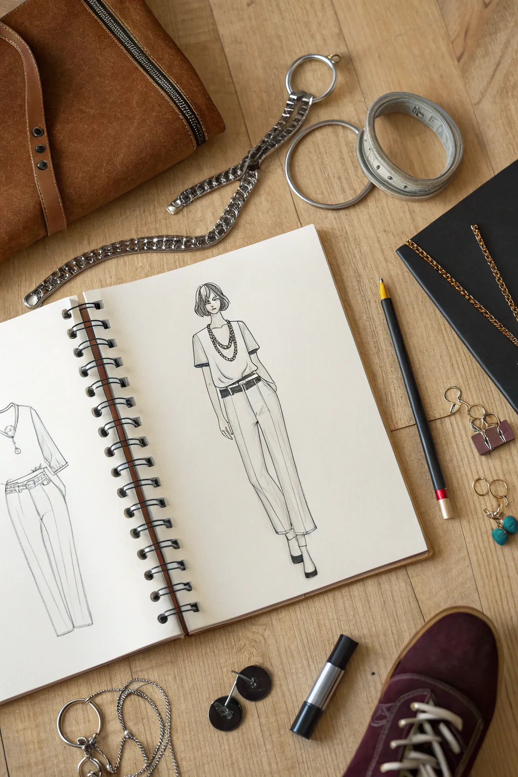 Sketch a base outfit, then add belts, jewelry, bags, and shoes to instantly change the vibe.