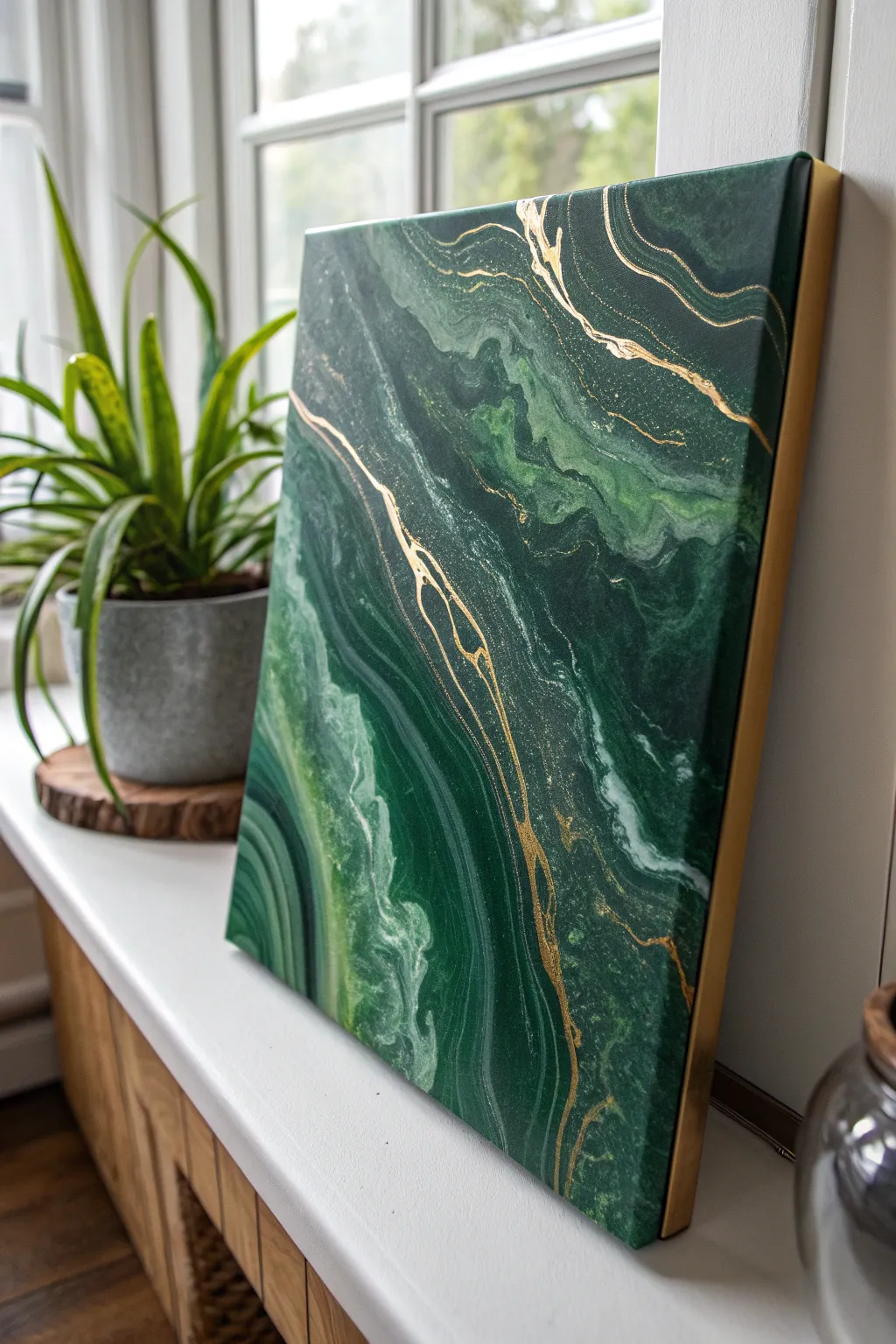 Forest greens meet a bronze metallic lace line for a rich, minimalist pour painting palette.