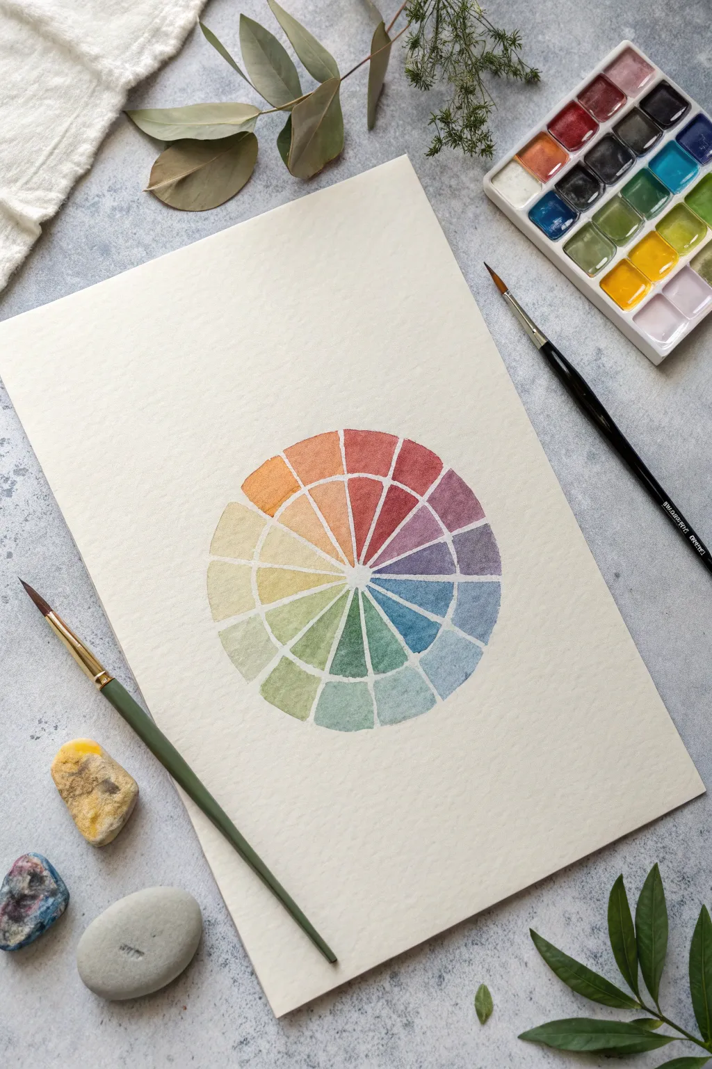 Muted nature palette color wheel with tiny leaf, stone, and cloud sketches for calm inspiration.