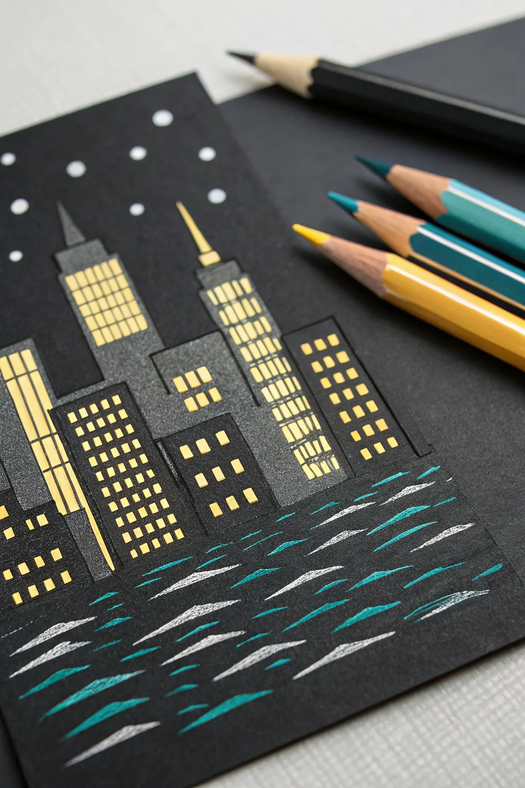 Minimal night skyline colored pencil on black paper with shimmering water reflections