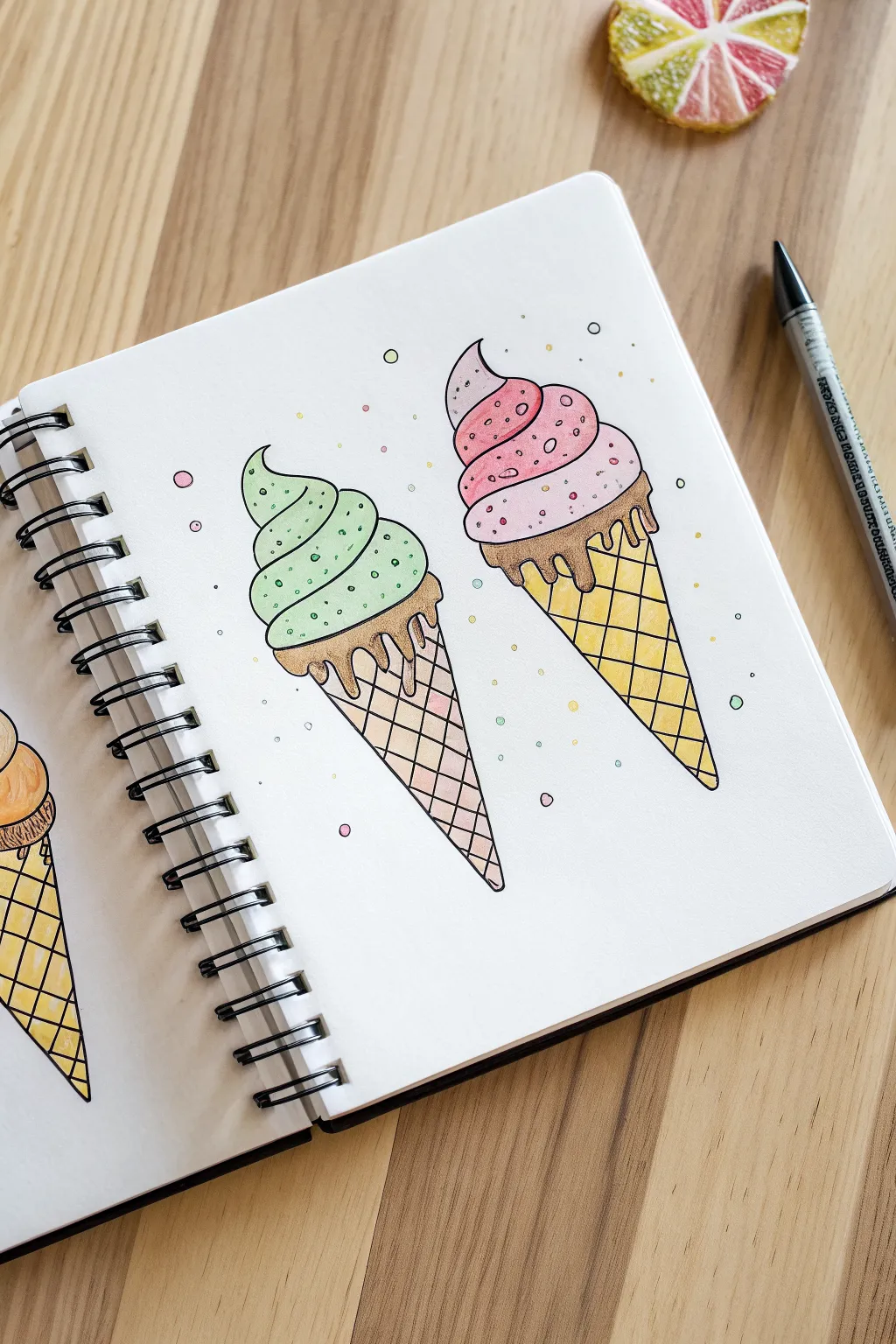 Three easy ice cream cone drawings with bright scoops and sprinkles in a clean minimalist style