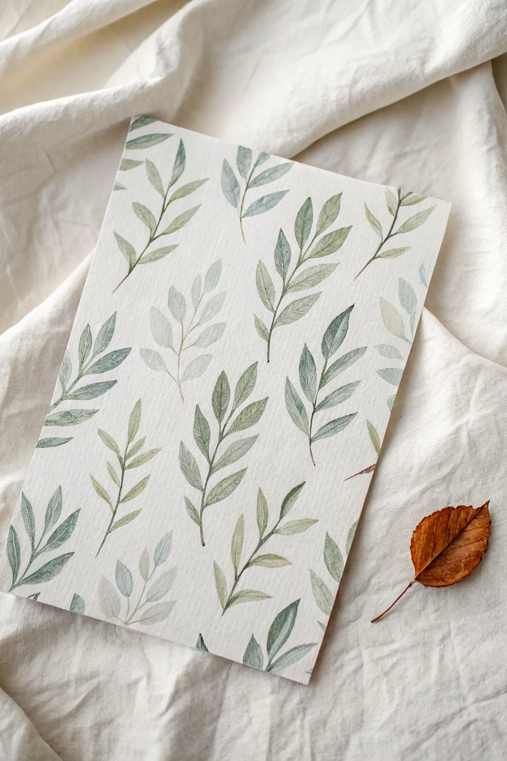 Repetition becomes rhythm as leaf shapes shift in size and tone, guiding the eye to one warm accent.