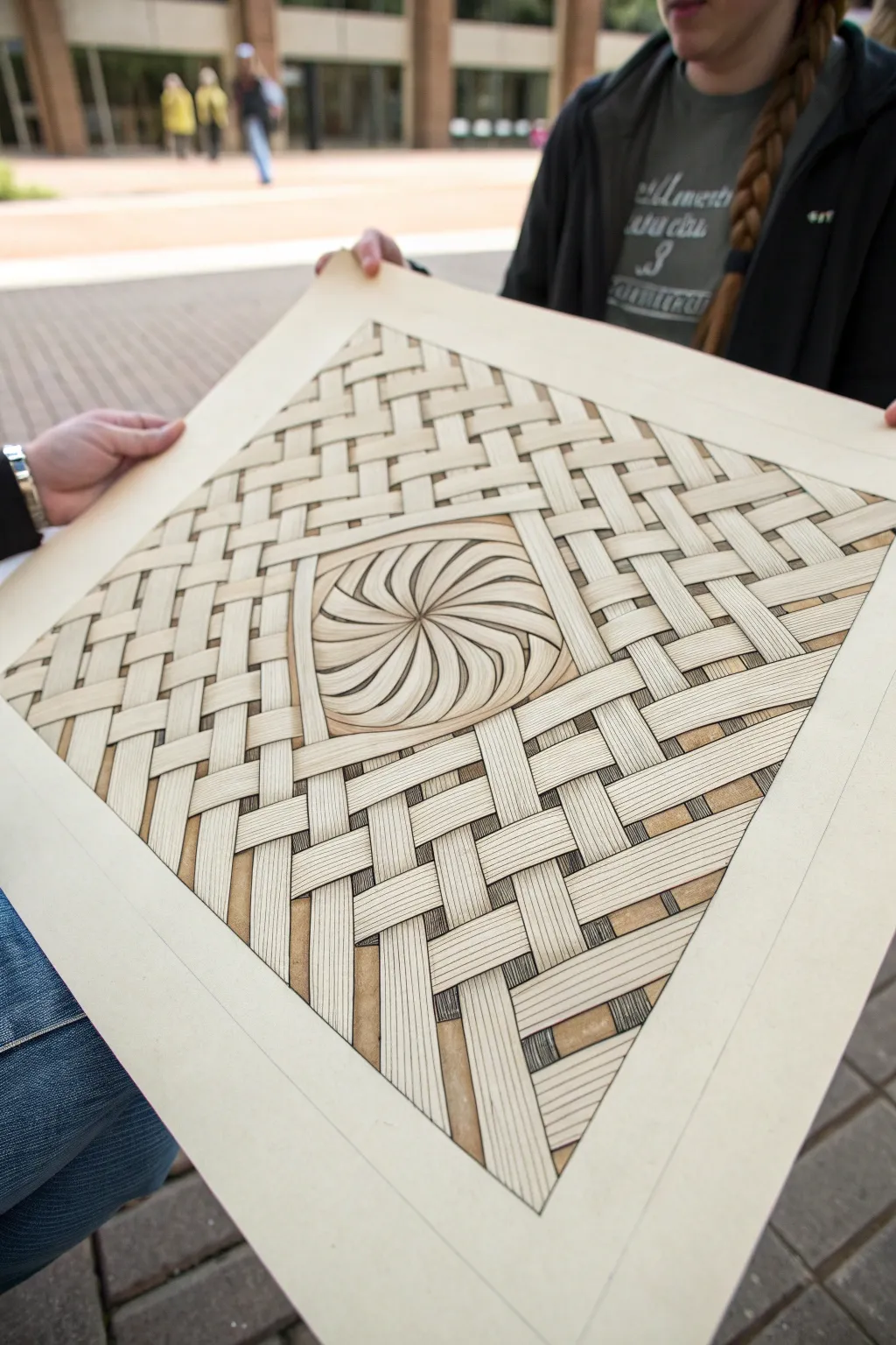 Interwoven light and shadow strips reveal two hands, a minimalist study of connection.