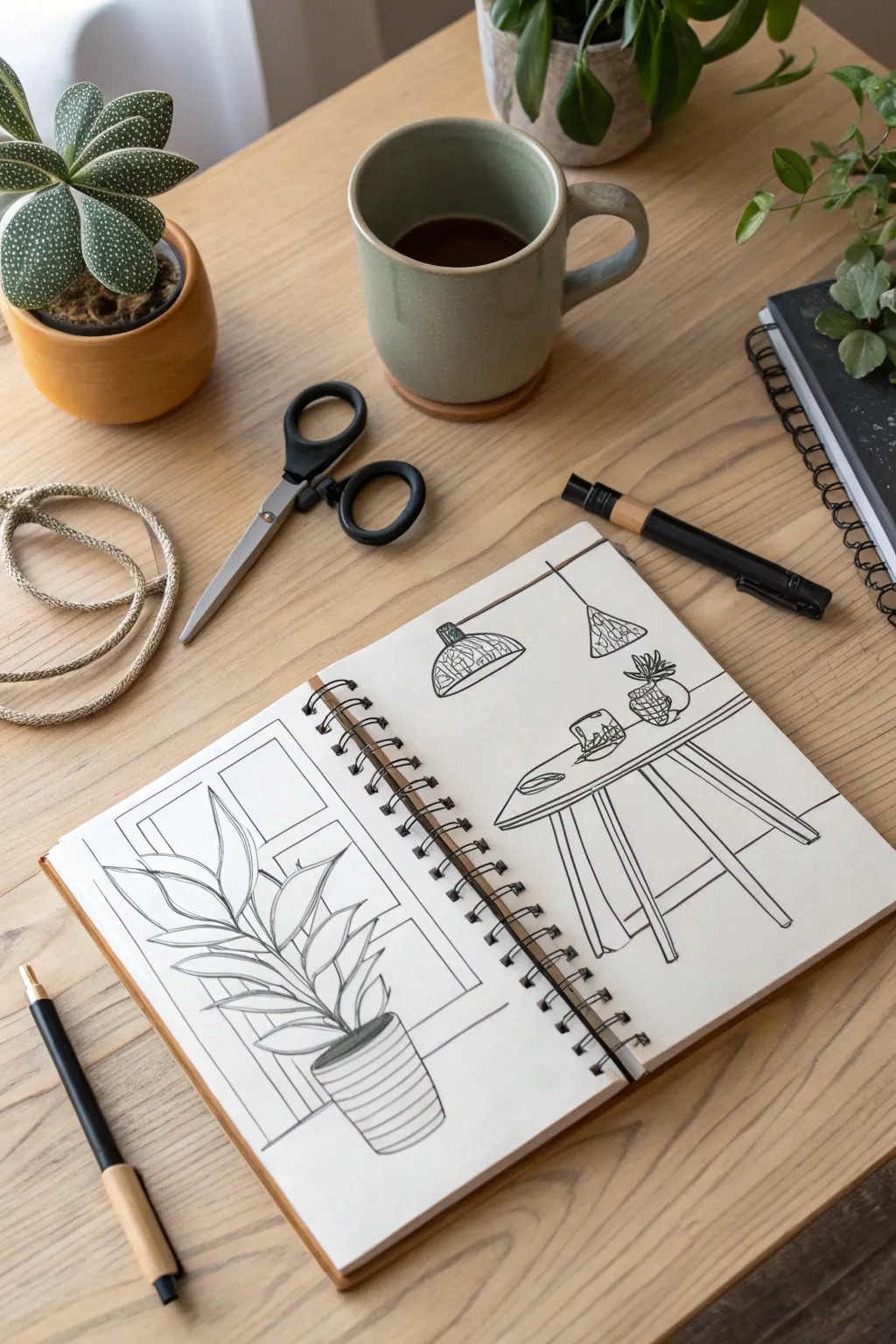 Bold contour lines on a simple desk scene, perfect for minimalist, boho-inspired drawing practice.
