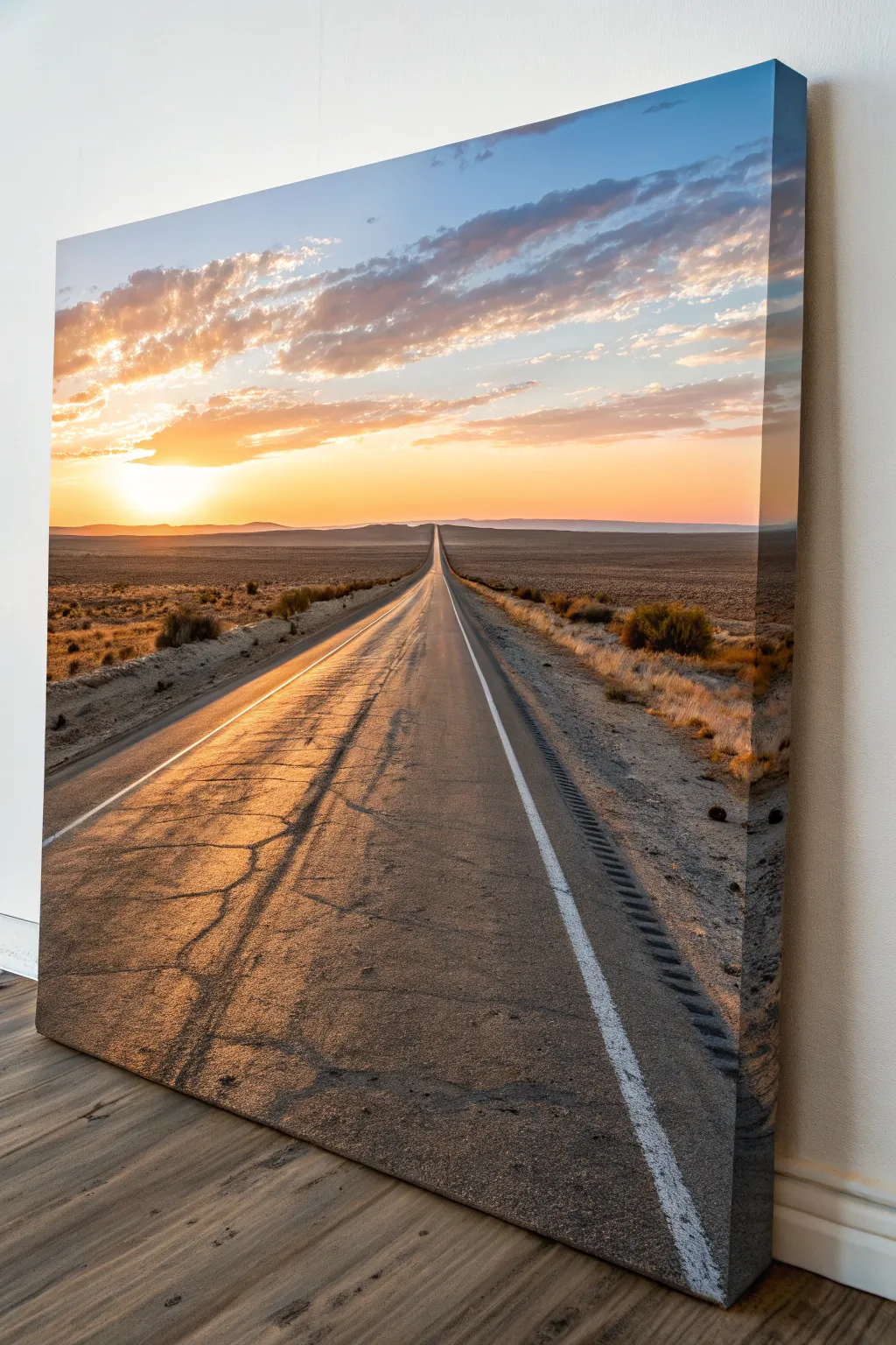 Desert highway sunset on canvas, long shadows and clean lines for a bold minimalist vibe