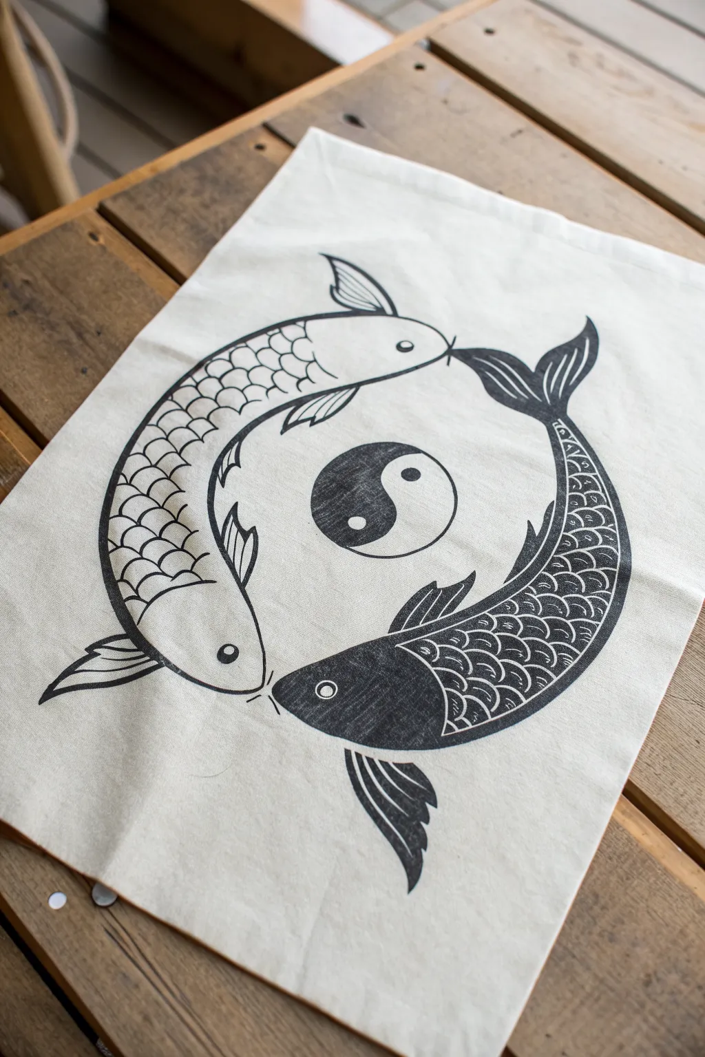 Yin-yang twin fish design with bold dark-light contrast, clean curves, and a calm minimalist vibe
