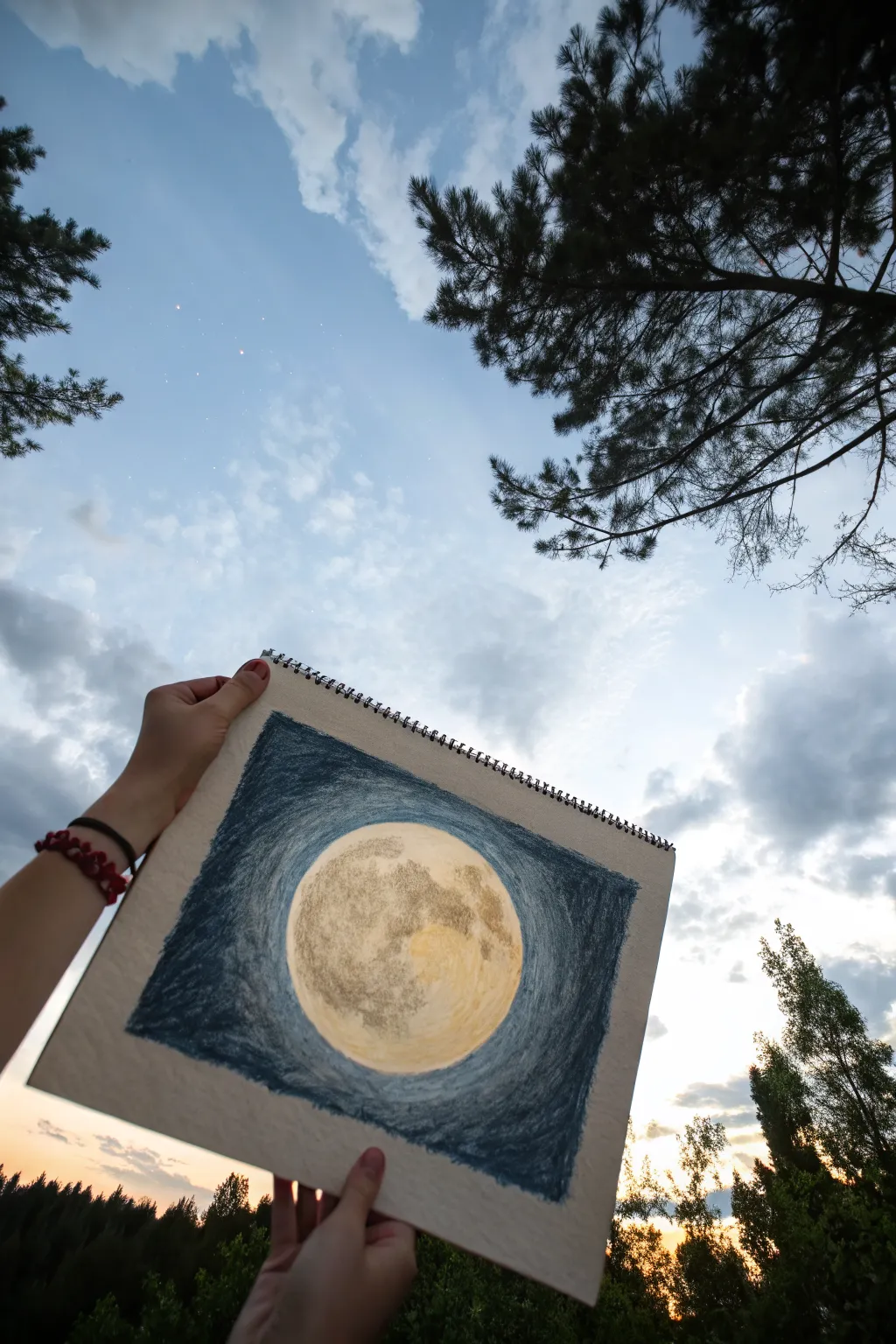 Crisp tape-masked moon oil pastel idea with a clean circle and a softly blended night-sky glow.