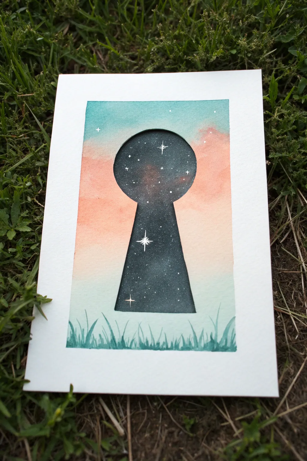 Keyhole portal painting idea: bold silhouette, glowing sky, high contrast in a minimalist style